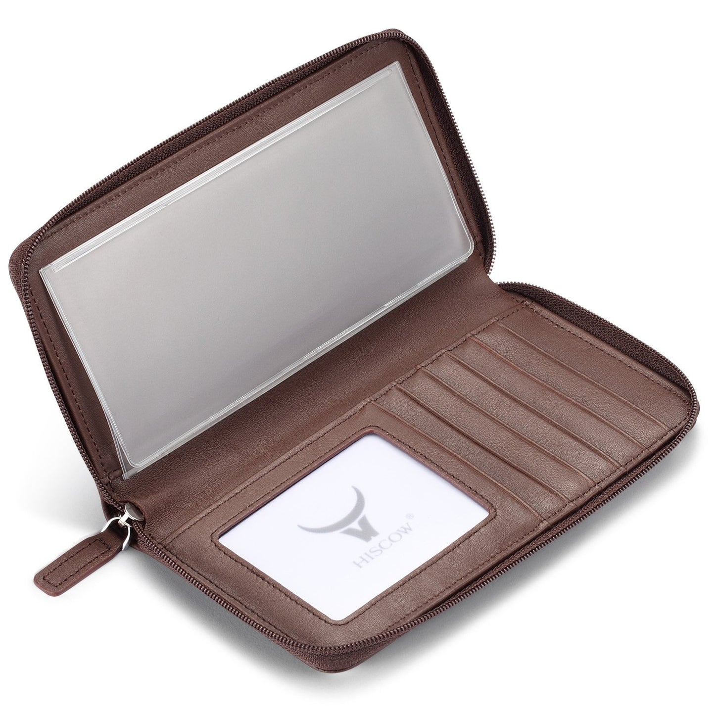 HISCOW Zippered Checkbook Cover & Card Holder with Divider - Italian Calfskin (Brown)