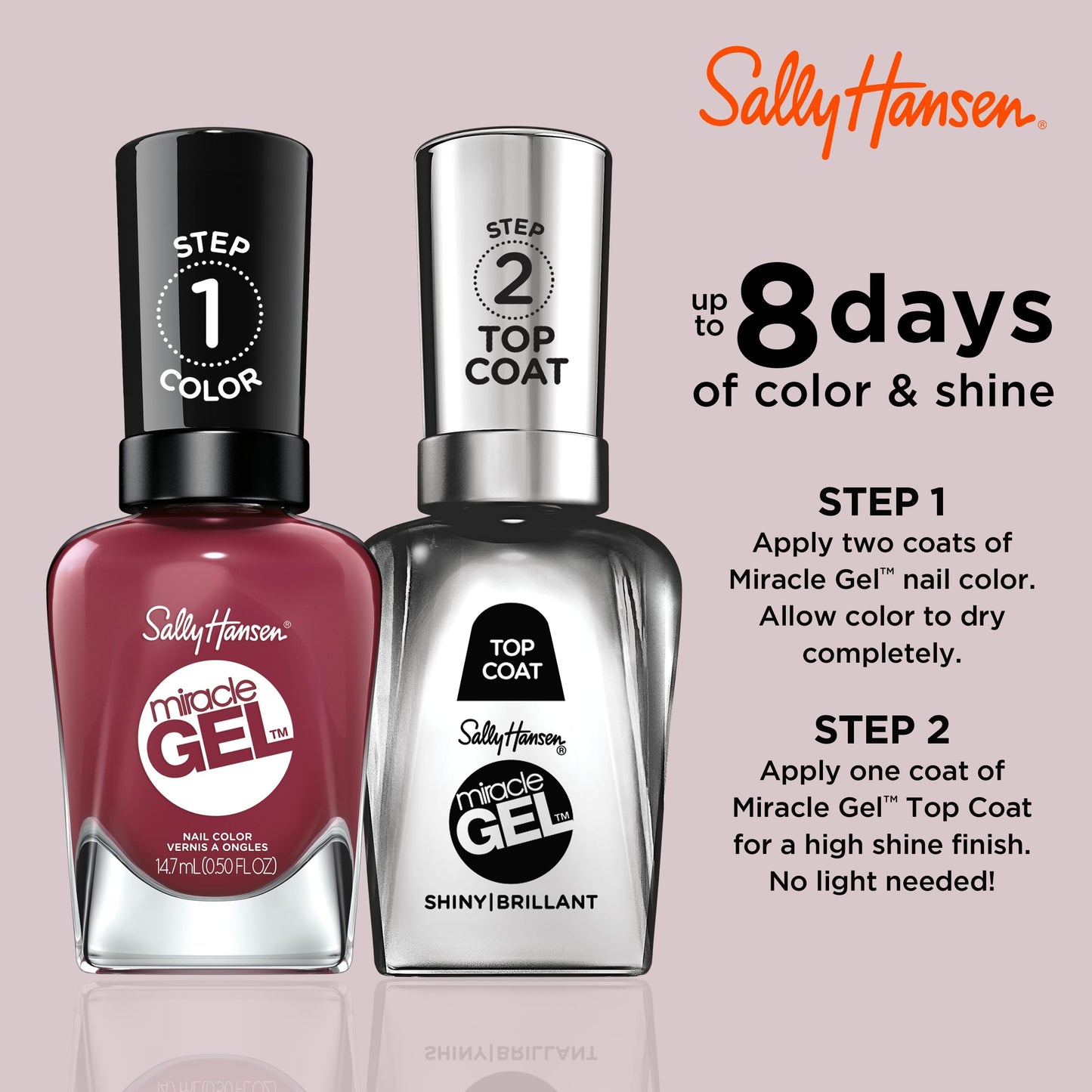 Sally Hansen Miracle Gel Salon Quality Nail Polish | Gel-Like Formula, Two-Step System, No UV Light Needed, Long Lasting | Opaque, Glossy | 496 Beet
