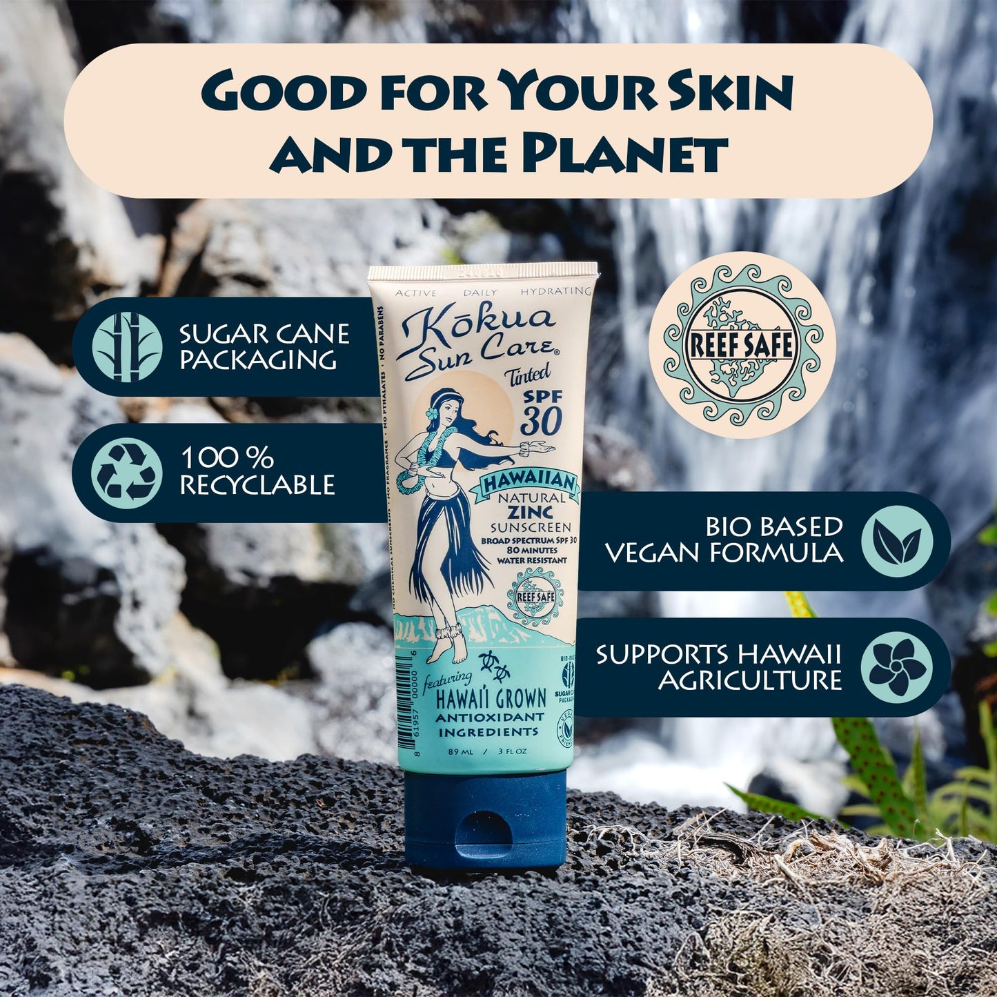 Kokua Sun Care Hawaiian Reef Safe SPF 30 | Zinc Oxide | Tinted Mineral for Face & Body | Sun Protection | Water Resistant | Chemical Free | Natural