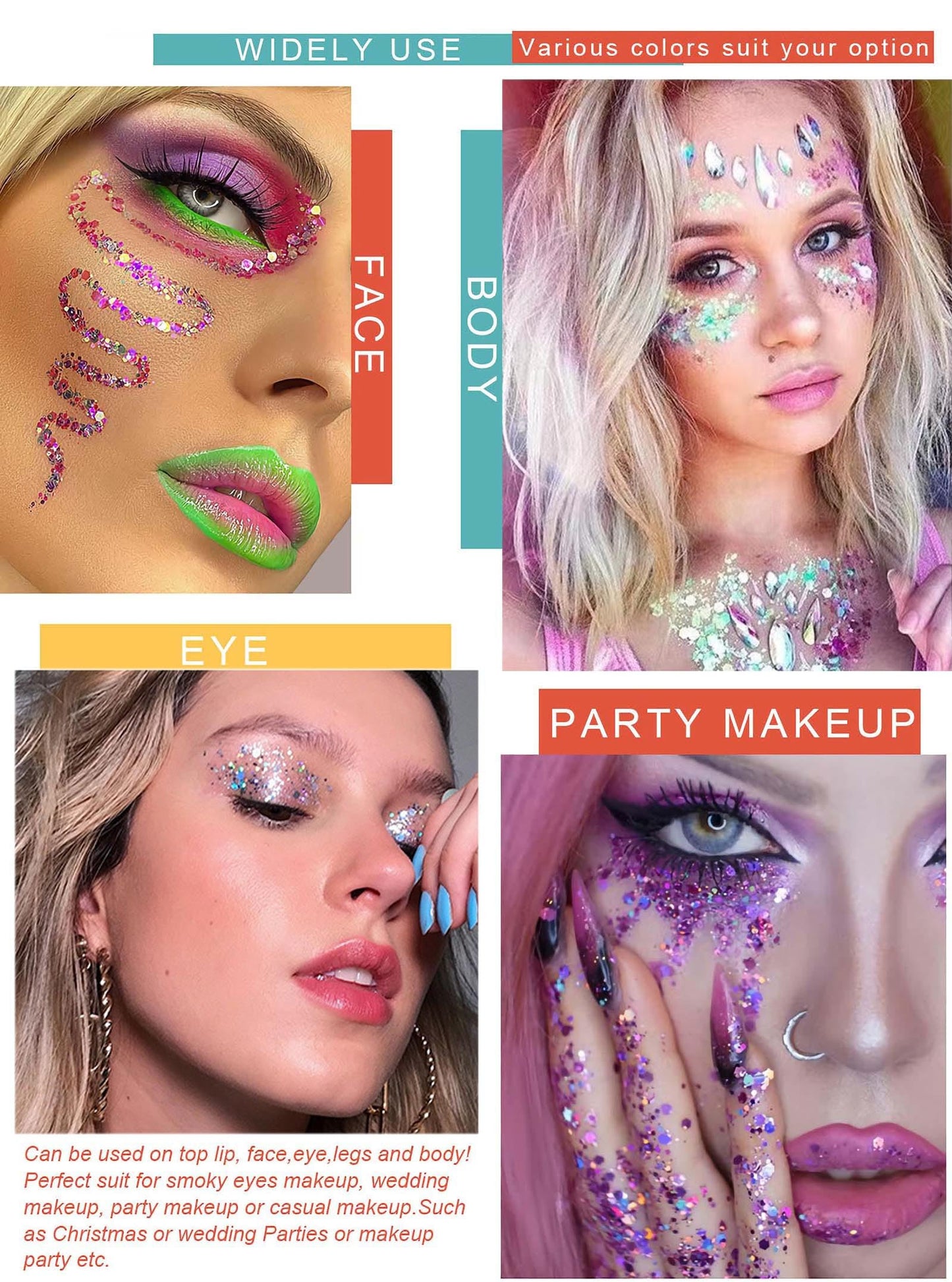 SUMEITANG 40 Colors Glitter Gel Set - No Glue Needed for Hair Face Body Glitter for Halloween, Carnival, Cosplay | Multi-Purpose Paint Glitter