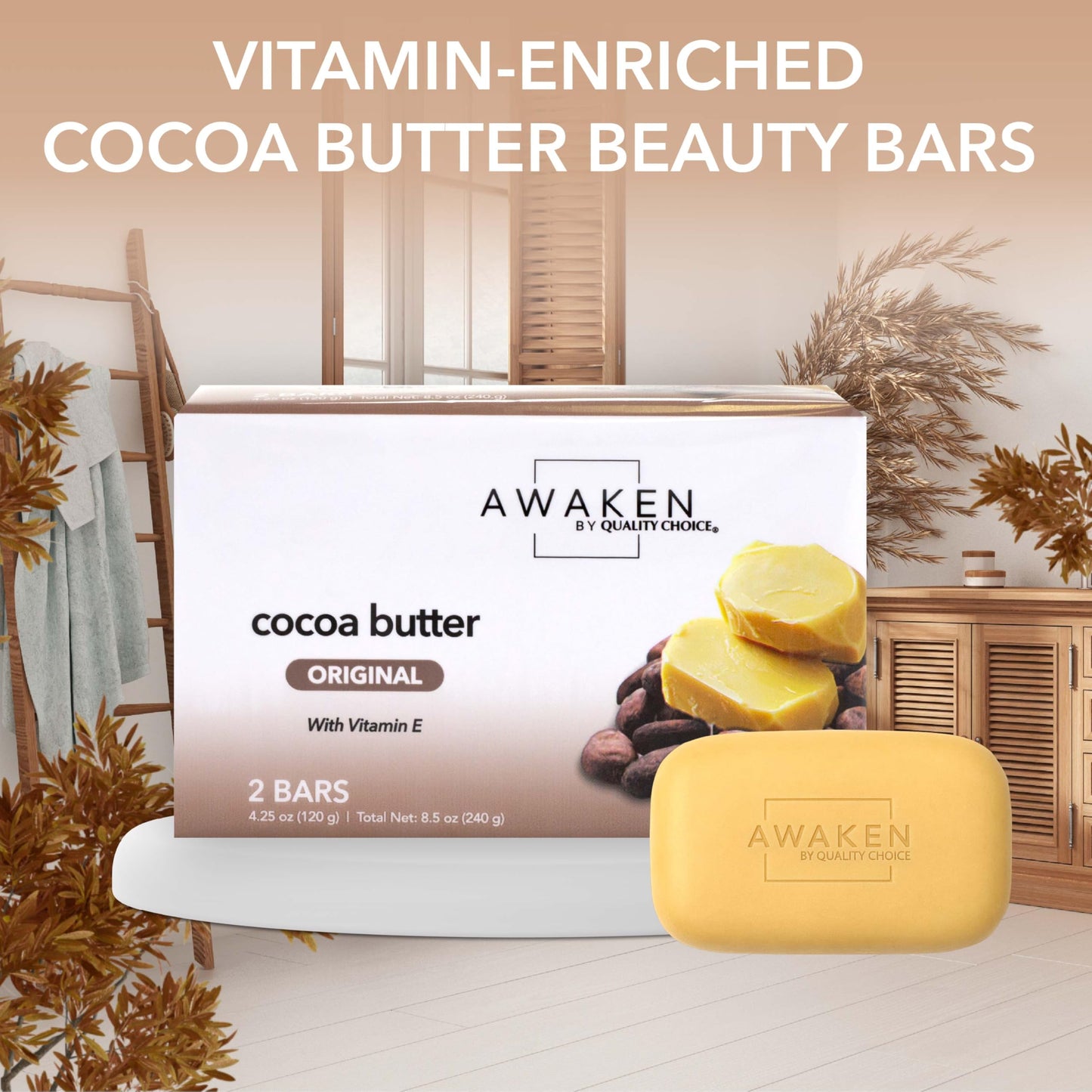 Awaken Cocoa Butter Bar Soap with Vitamin E, Moisturizing Body and Face Cleanser, Gentle Daily Bath Soap with Rich Creamy Lather, Nourishing Skincare
