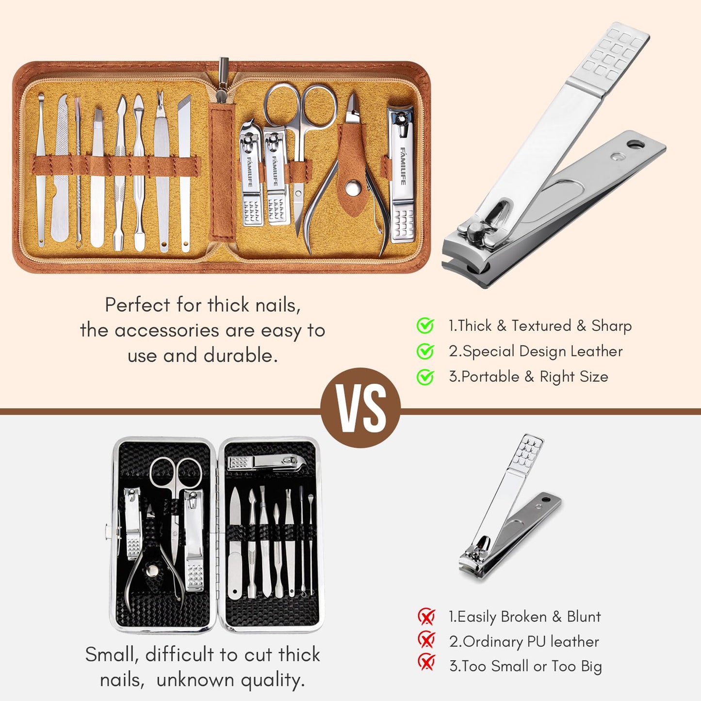 FAMILIFE Manicure Set, Nail Professional Kit Manicure Kits Nail Clipper Sets, 13PCS Stainless Steel Pedicure Sets Mens Grooming Tool, with Brown