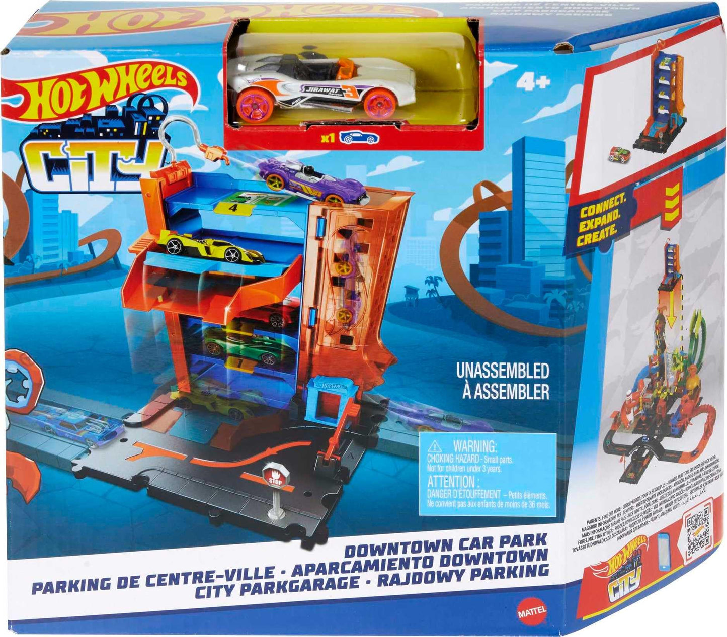 Hot Wheels City Toy Track Set, Downtown Car Park Playset with 1:64 Scale Vehicle, 4 Levels, Working Lift & Exit Chute