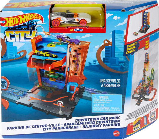 Hot Wheels City Toy Track Set, Downtown Car Park Playset with 1:64 Scale Vehicle, 4 Levels, Working Lift & Exit Chute