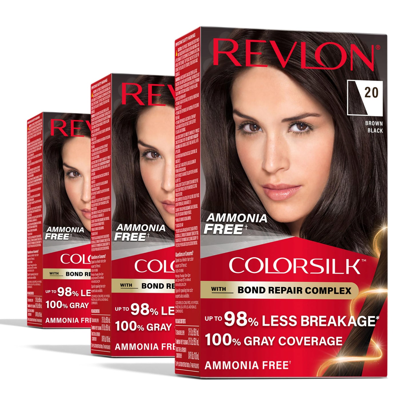 Revlon ColorSilk with Bond Repair Complex, Black Permanent Hair Color, 100% Gray Coverage, Ammonia Free Hair Dye, Vegan Keratin, 20 Brown Black (Pack