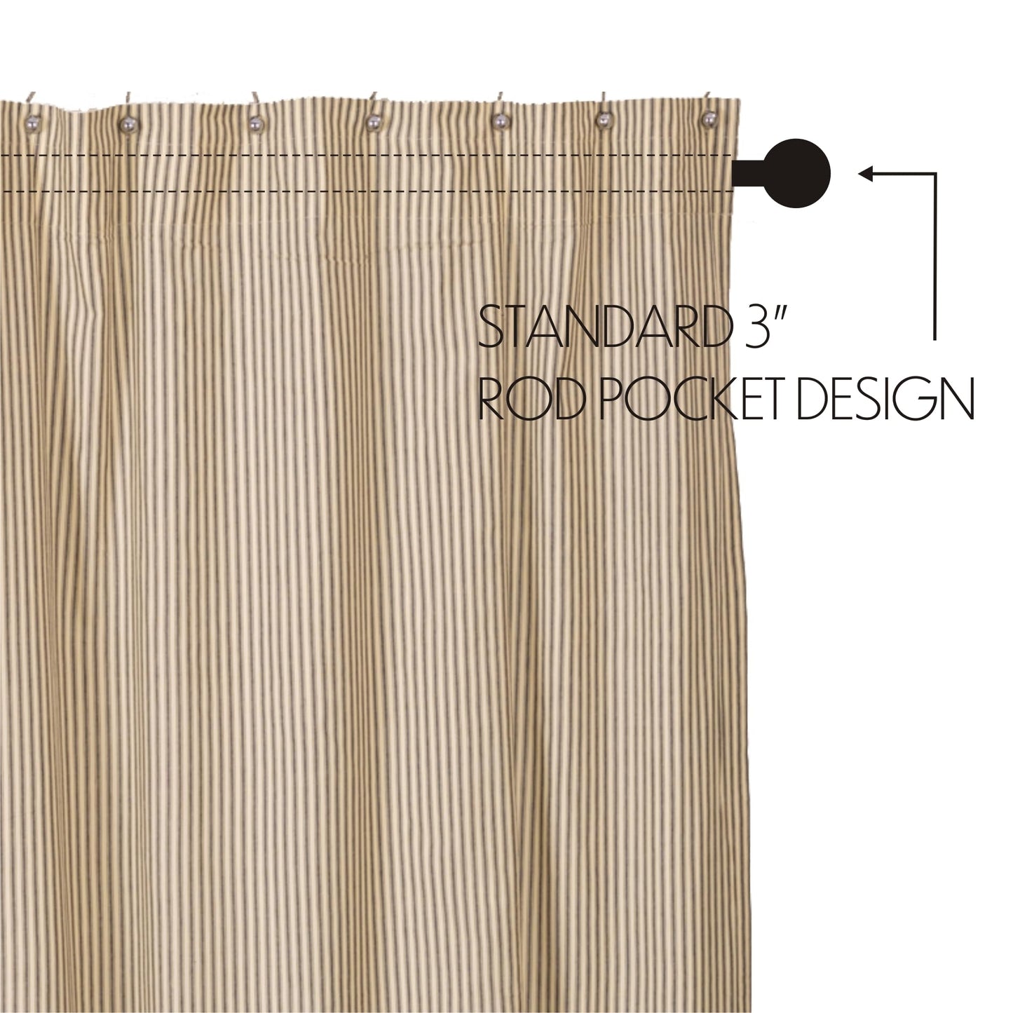VHC Brands Sawyer Mill Charcoal Decorative Farmhouse Ticking Stripe Shower Curtain with Buttonholes 72x72