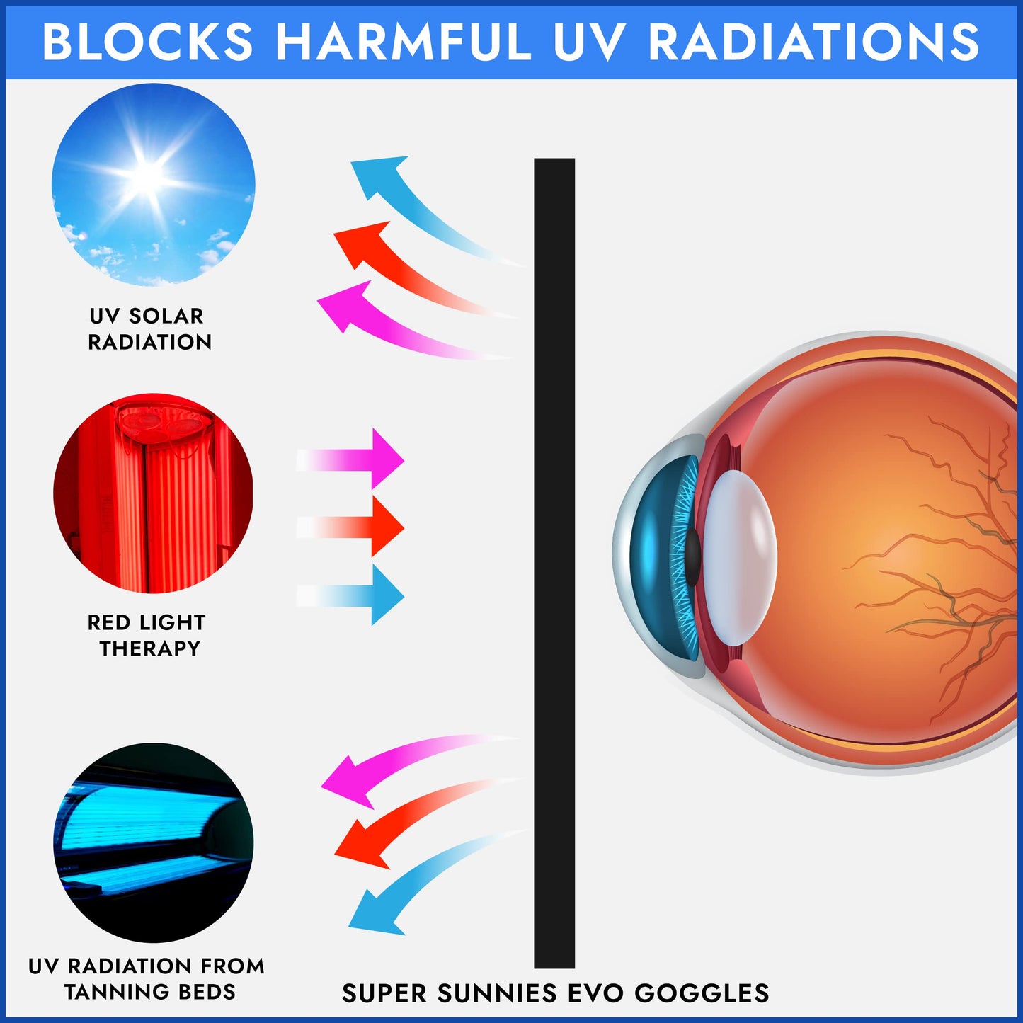 Super Sunnies Evo Flexible UV Eye Protection FDA Compliant, Tanning Bed Goggles, Red Light Therapy Glasses - Blue