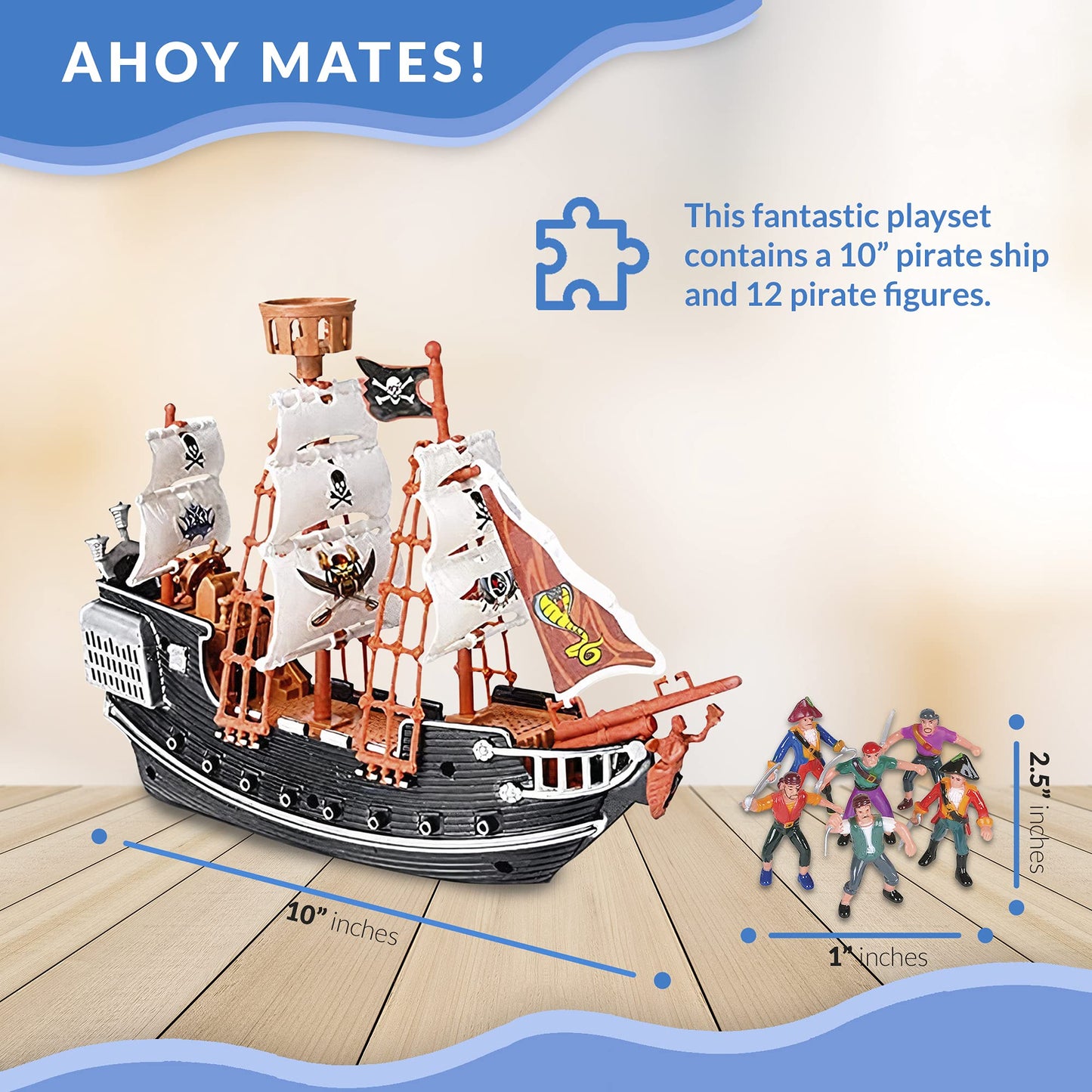 HOWBOUTDIS Pirate Playset - 10 inch Pirate Ship with 2" Pirate Figurines - Hours of Imaginative Play- Makes a Great Gift or a Fun Prize - Ages 3yrs+