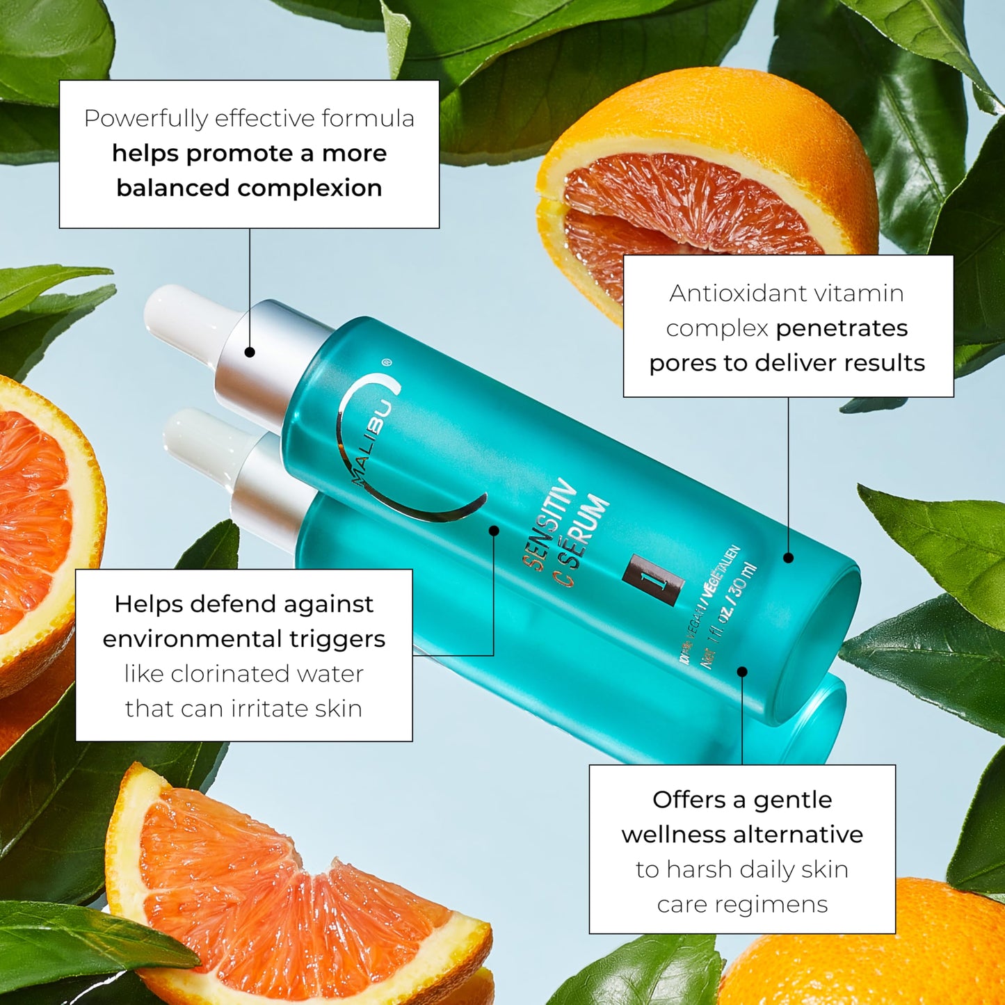 Malibu C Sensitiv C Face Serum - Vitamin C Serum for Combination & Sensitive Skin - Balances, Brightens & Protects with Ascorbic Acid, Allantoin