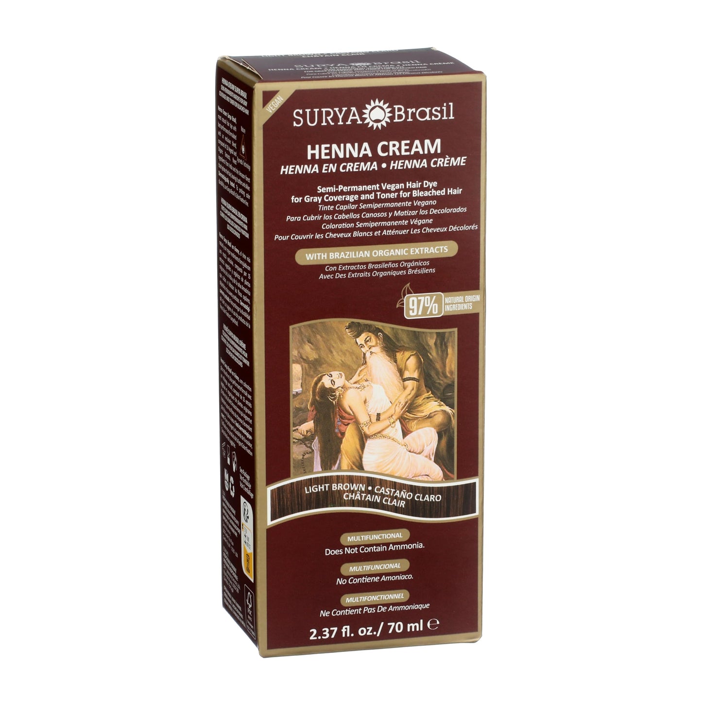 Surya Brasil Henna Cream Light Brown - 97% Natural Ingredients, Vegan, Cruelty-Free, Eco-Friendly, Semi-Permanent Hair Color, Deep Hydration & Shine