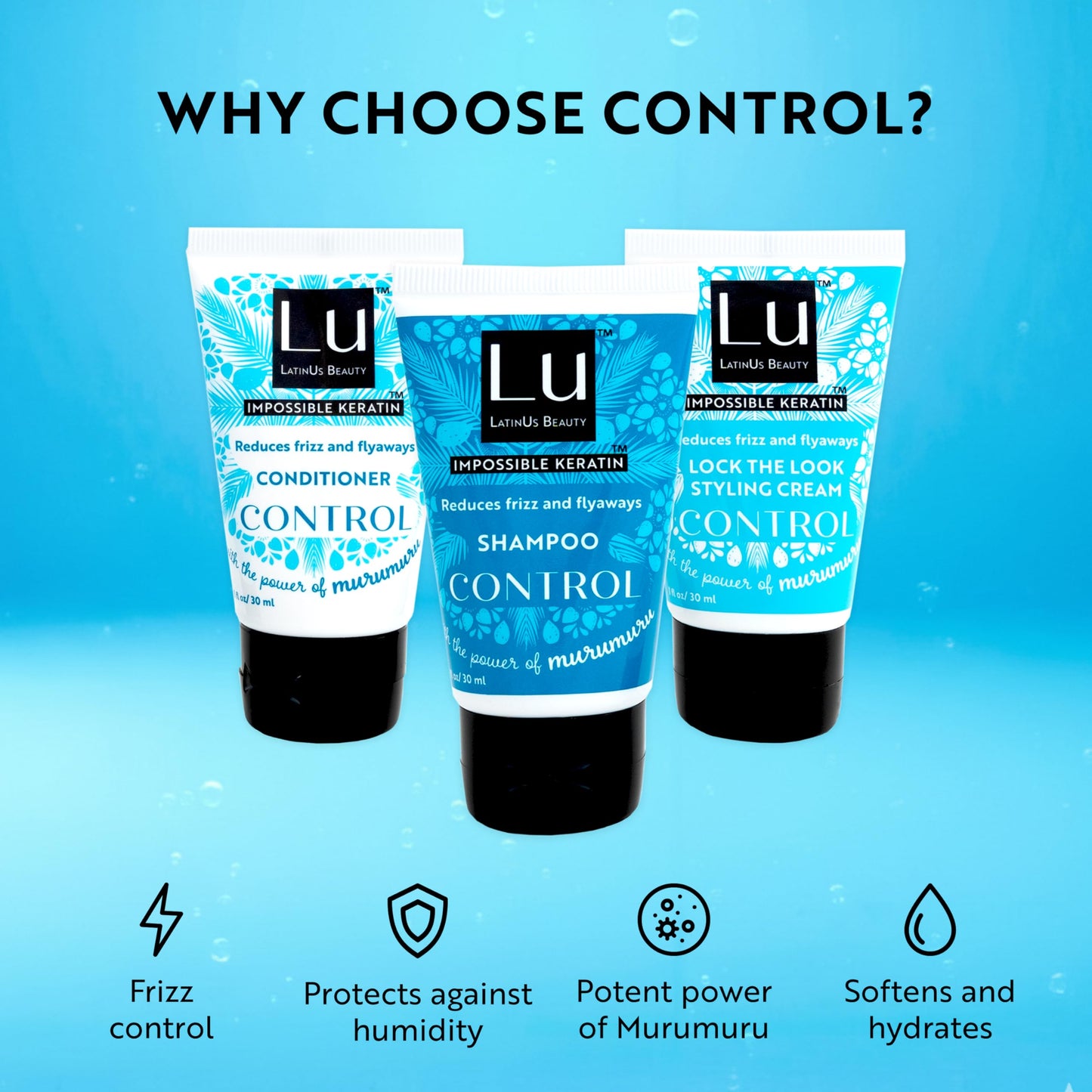 Lu by LatinUs Beauty Control Travel Size Collection | Anti Frizz Shampoo, Conditioner & Styling Cream with Impossible Keratin™, Murumuru Butter | 3 Oz