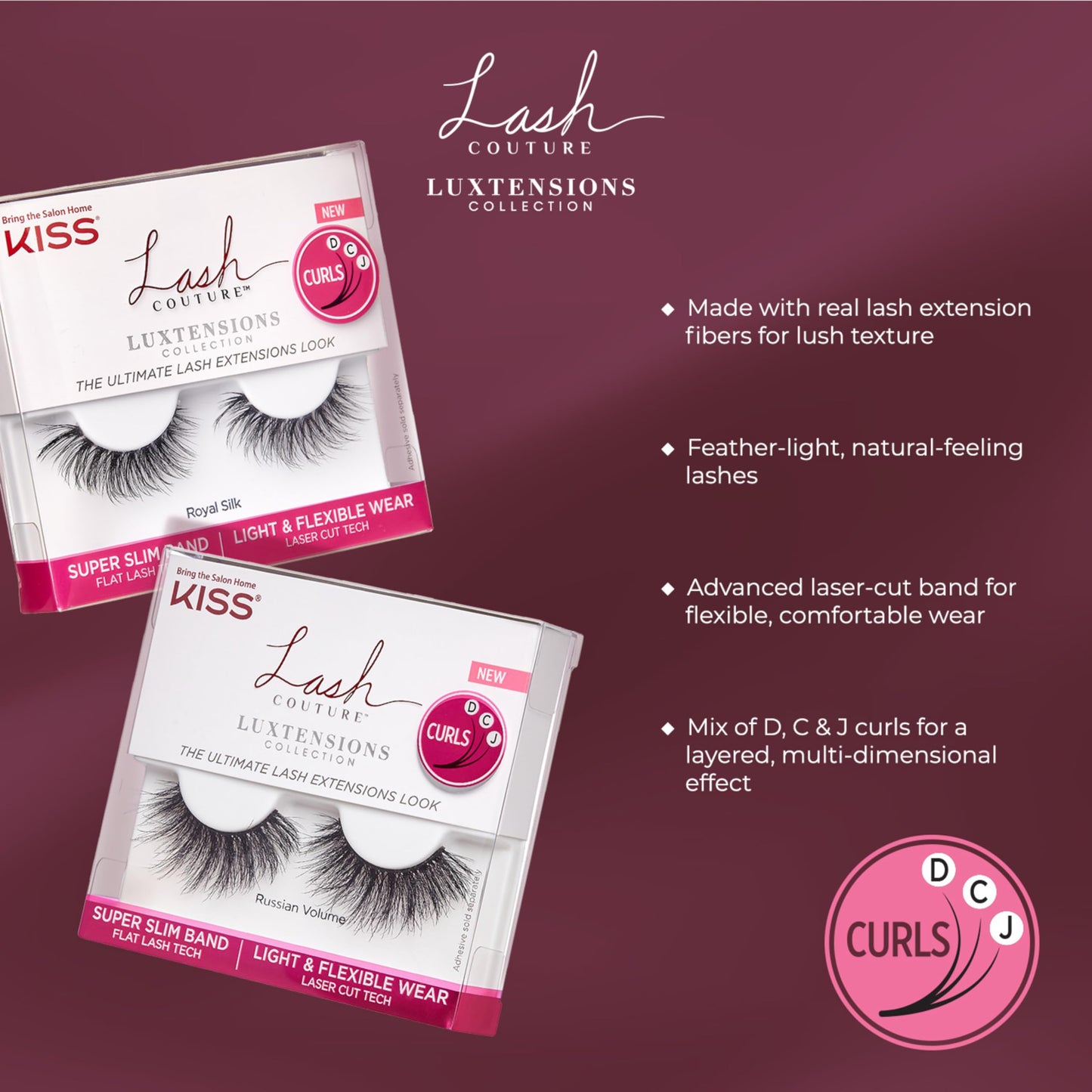 KISS Lash Couture LuXtensions Collection False Eyelashes, Flat Lash Technology, Super Slim Lash Band, Real Lash Extension Fibers, Reusable, Style