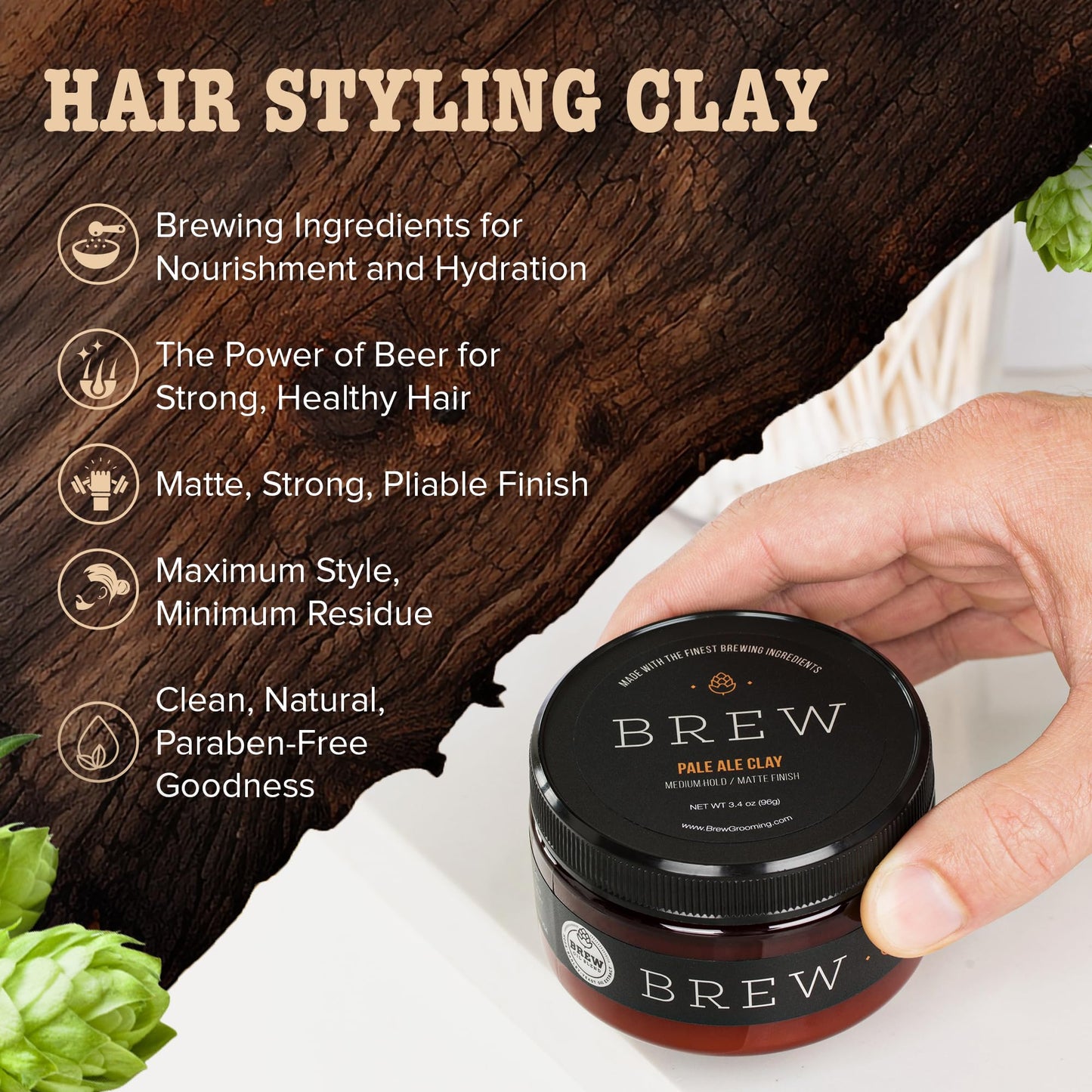 Brew Grooming Hair Styling Clay for Men - Matte Strong Hold Molding Pomade for Beard and Hair - Natural Ingredients Barley, Hops, Yeast - Paraben Free
