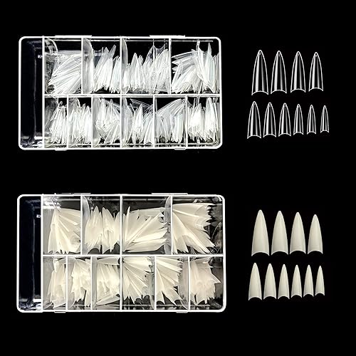 Vivace 2PACK Natural/Clear Stiletto 500 Acrylic False Fake Gel Nail Tips (Total 1000Tips) 10Sizes With Clear Acrylic Case For Nail Salon Nail Shop