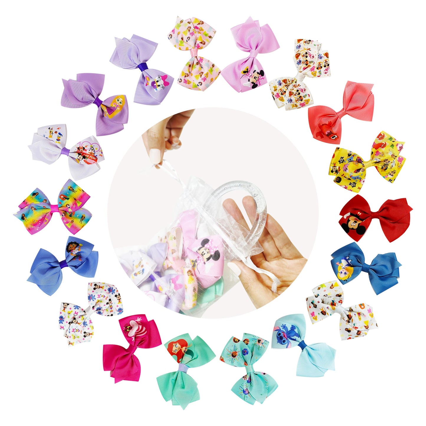 Disney 100th Anniversary Special Hair Accessory for Girls|18pc Disney Hair Bow Clips Featuring Favorite Characters with a String Bag Bow Holder