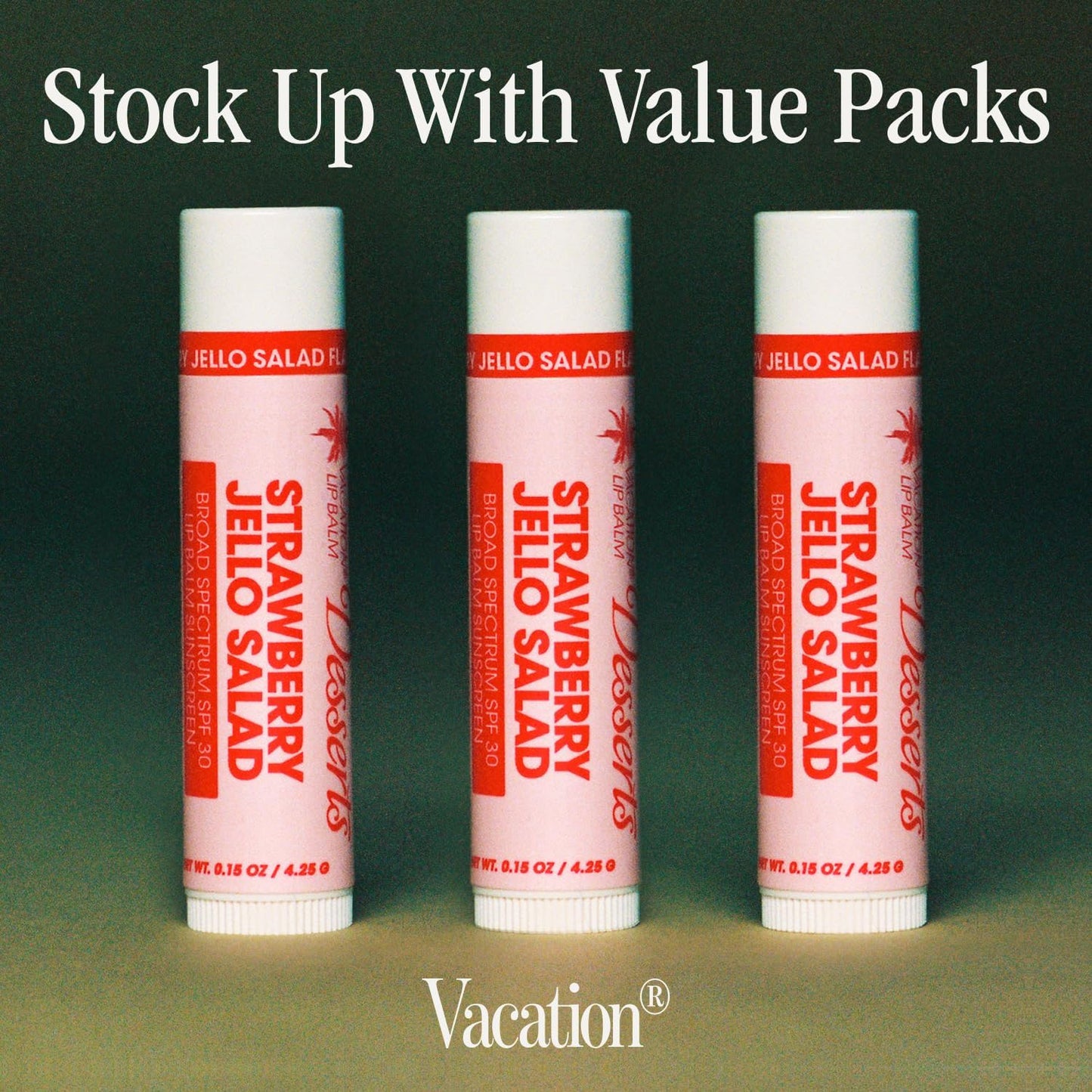 Vacation Strawberry Jello Salad SPF 30 Lip Balm, Hydrating Sunscreen for Lips, Water-Resistant, Lightweight, Transparent Sheen, Vegan Formula Made