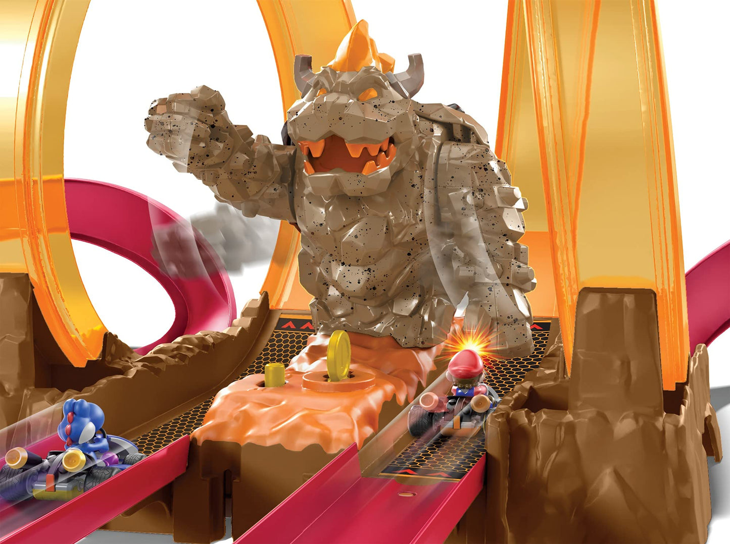Hot Wheels Mario Kart Bowser’s Castle Chaos Modular Track with Side by Side Racing Lap Flags and Bowser Figure Connects to Other Sets Gift idea…