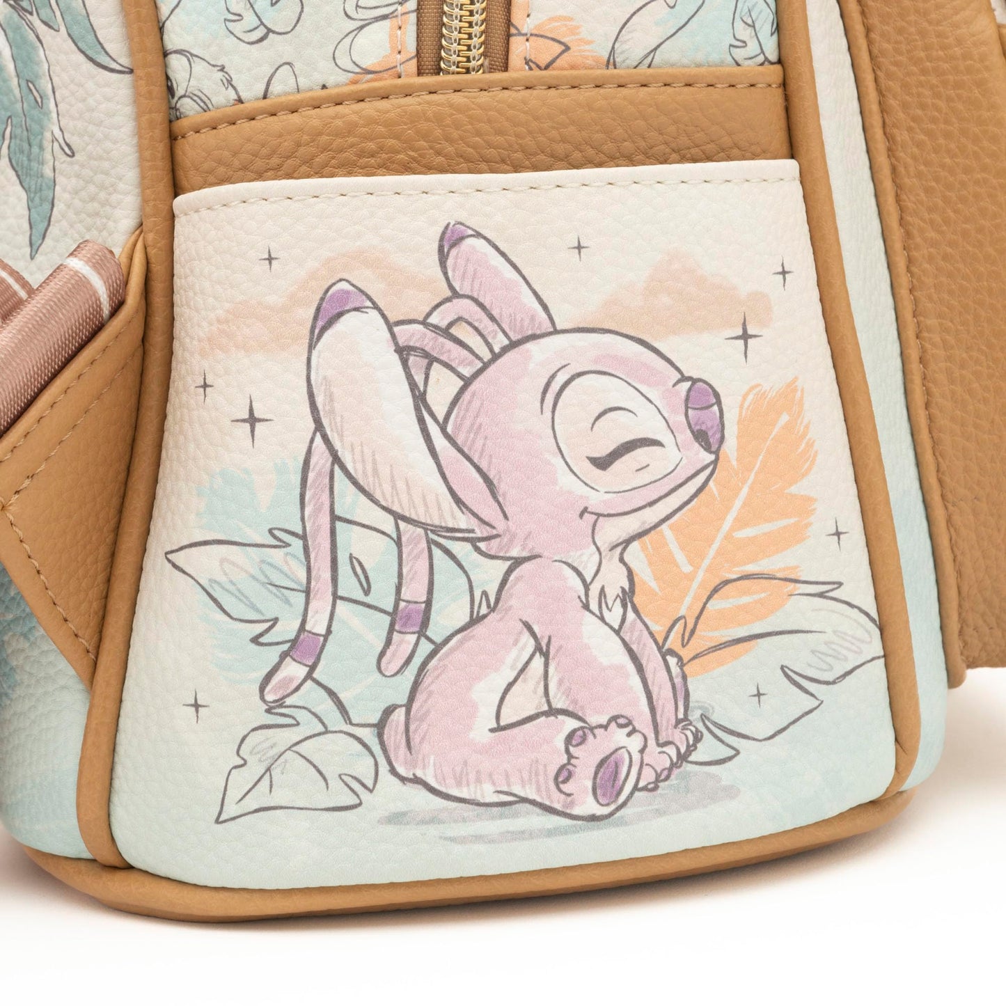 Wondapop - Stitch and Angel Hug It Out 11"" Vegan Leather Fashion Mini Backpack, Brown