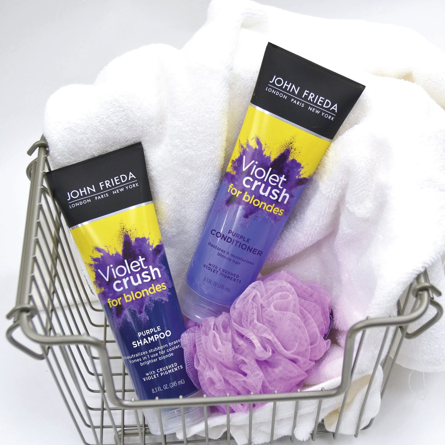 John Frieda Violet Crush Purple Shampoo and Conditioner Set for Blonde Hair, Neutralizes Yellow Tones for Bleached, Blonde, and Platinum Hair, 8.3 Oz