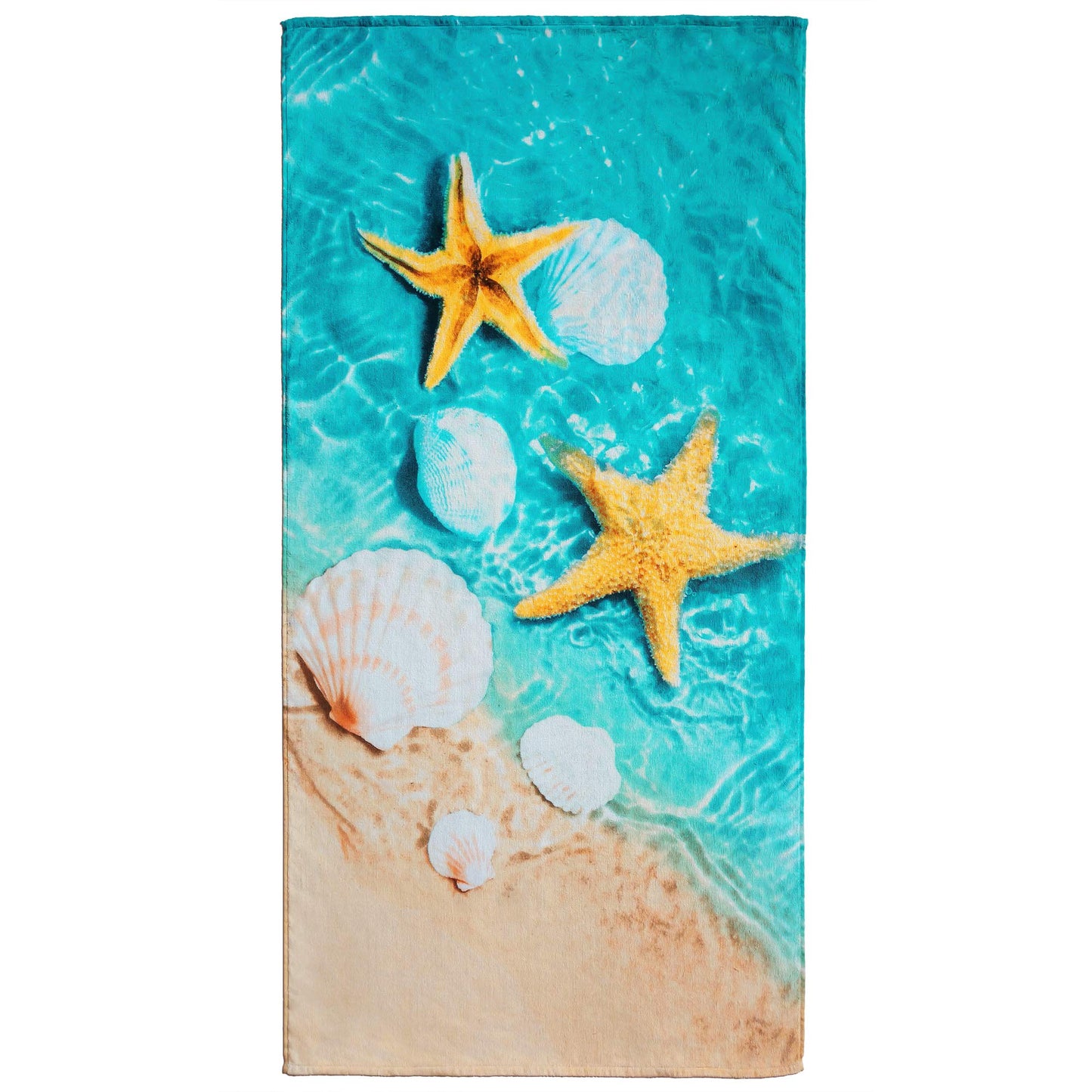 Softerry Starfish & Seashells Beach Towel 30 x 60 inch Velour Terry 100% Cotton, Blue and Sand