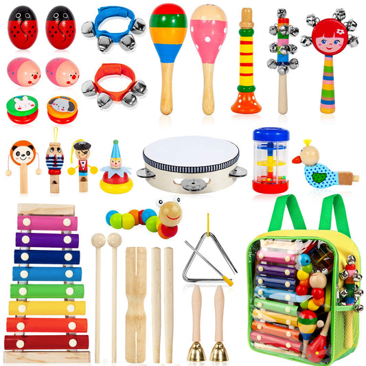 Kids Musical Instruments Set – 33PCS Wooden Percussion Toys with Tambourine & Xylophone, Educational Music Kit for Preschool Boys & Girls