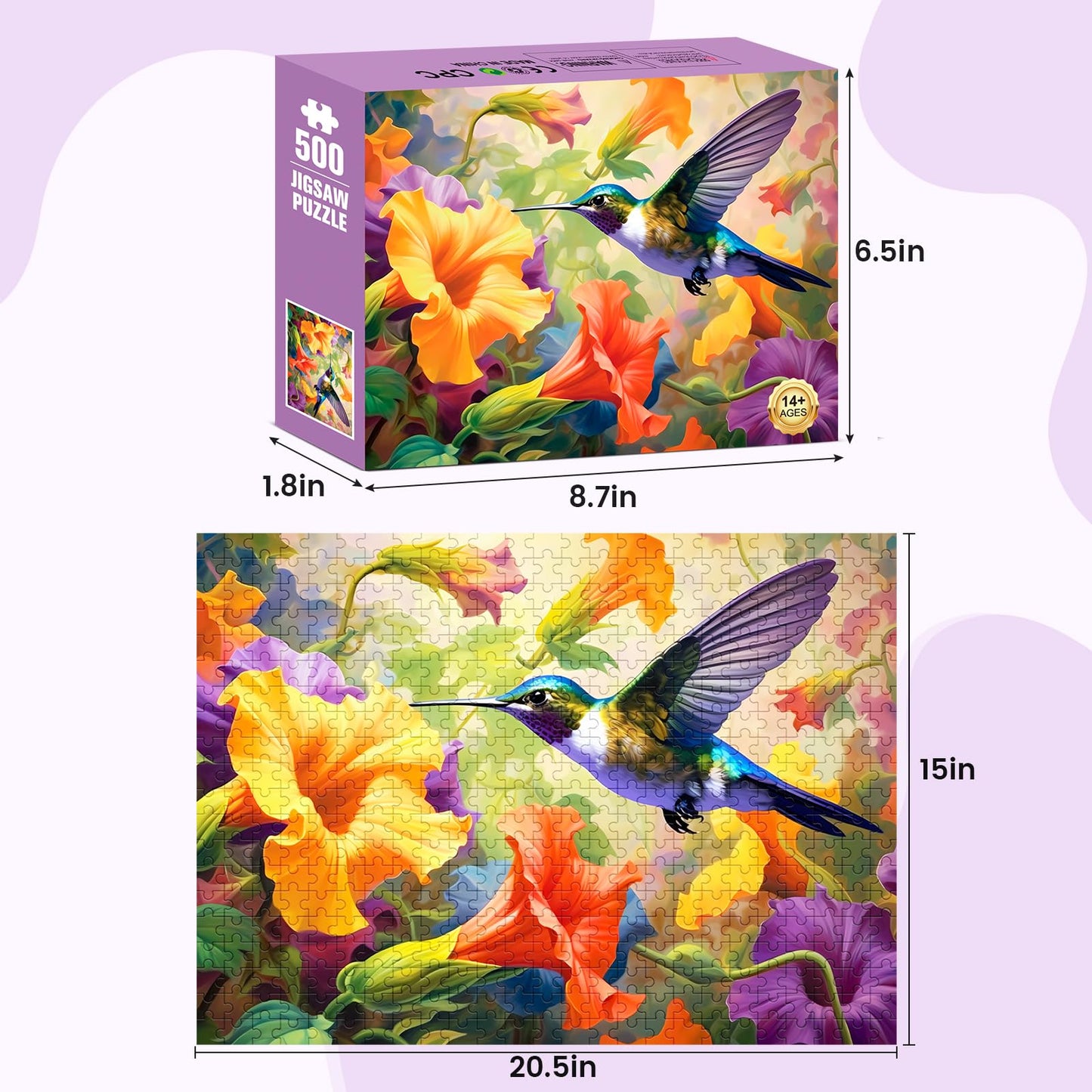 VOLUVOLU 500 Piece Jigsaw Puzzle – Hummingbird & Flower Design, Fun Birthday Party Puzzle for Adults, Kids & Family