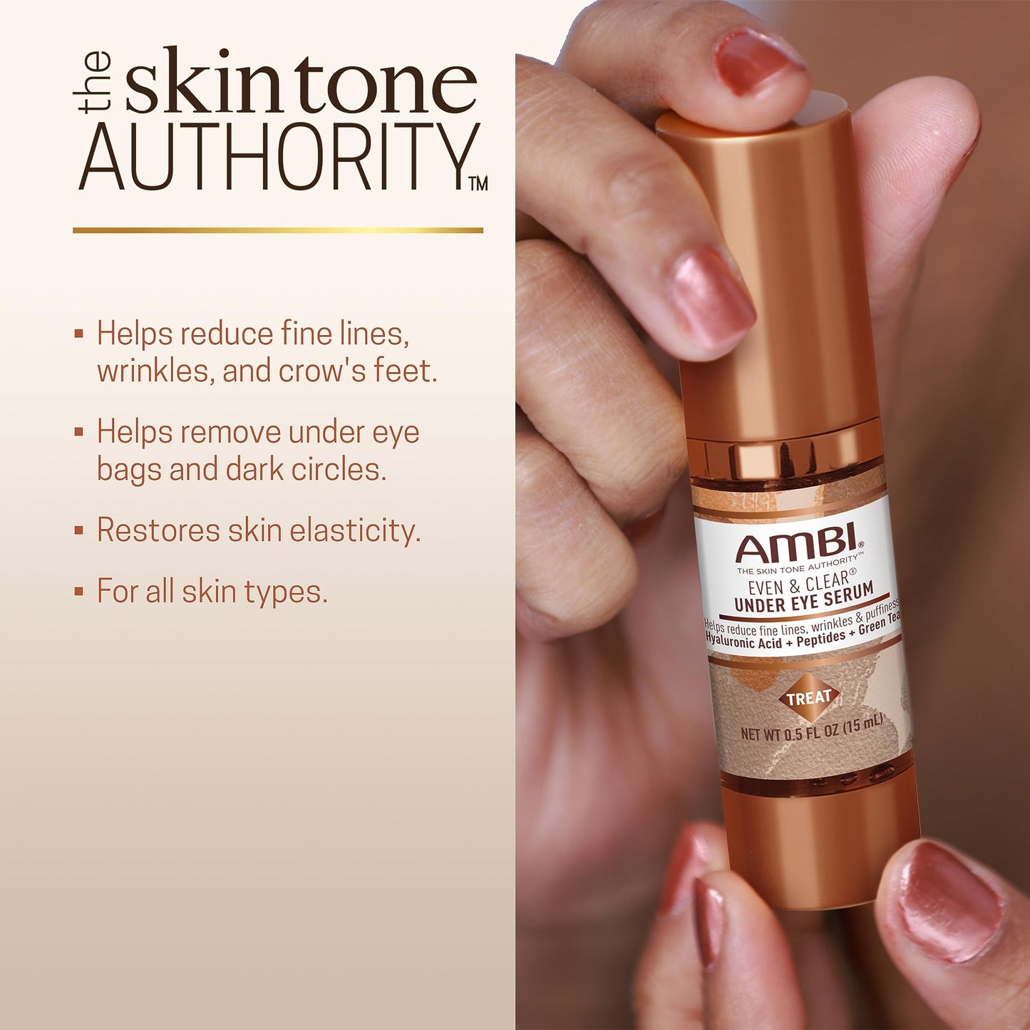 Ambi Even & Clear Under Eye Serum for All Skin Types; Anti Aging Formula features Peptides, Hyaluronic Acid, and Vitamin A to help Reduce Fine Lines