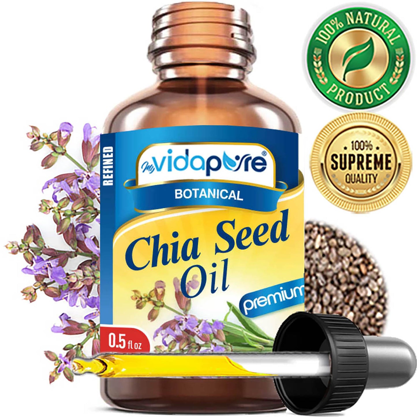 MYVIDAPURE CHIA SEED OIL Pure Natural Undiluted Refined Cold Pressed Carrier Oil for Skin, Face, Hair, Lip and Nail Care Anti-Aging (0.5 Fl Oz)