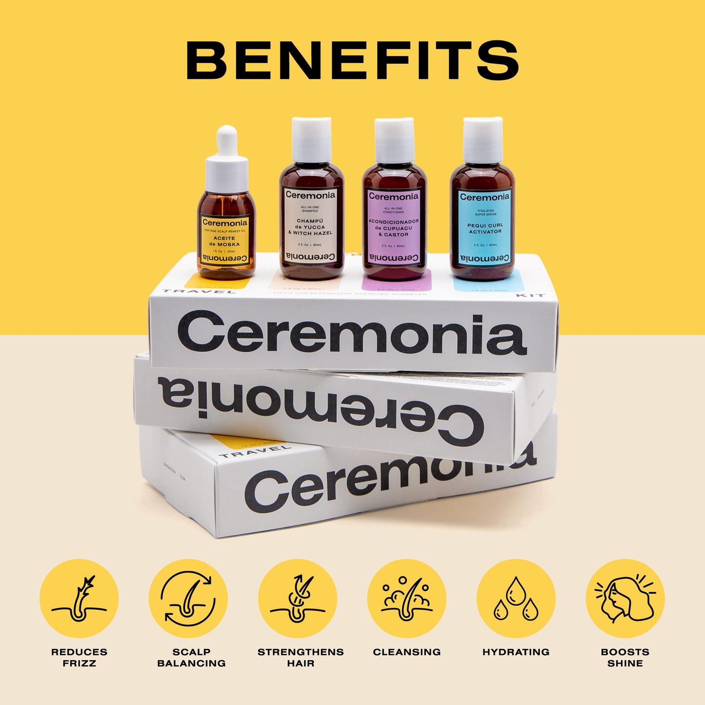 Ceremonia The Waves & Curls Travel Set | 4 Piece Mini Hair Care Set for Curly, Textured Hair | Includes Scalp Oil, Shampoo, Conditioner, Hair Serum