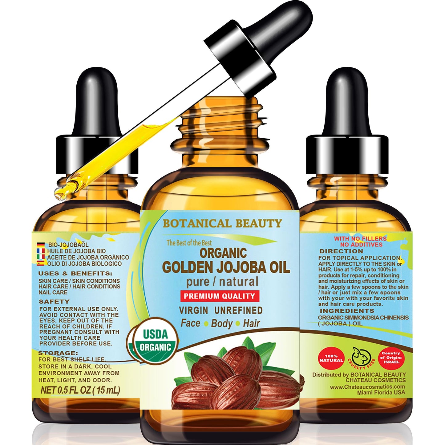 Botanical Beauty Organic JOJOBA OIL 100% Pure Natural VIRGIN UNREFINED Cold-Pressed Carrier Oil 0.5 Fl oz 15 ml for Face, Skin, Body, Hair, Lip