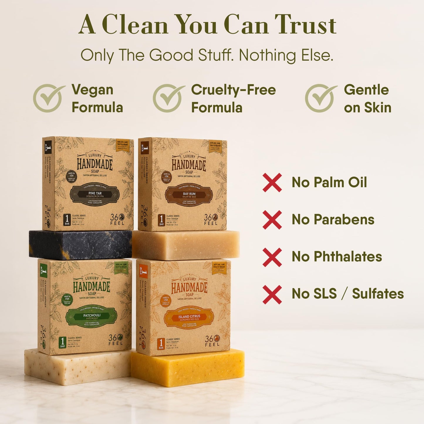 360Feel Mens Bar Soap - Made in the USA - Castile Handmade All Natural Cold Processed - Includes 4 Bold Masculine Scents: Bay Rum, Pine Tar Black Soap