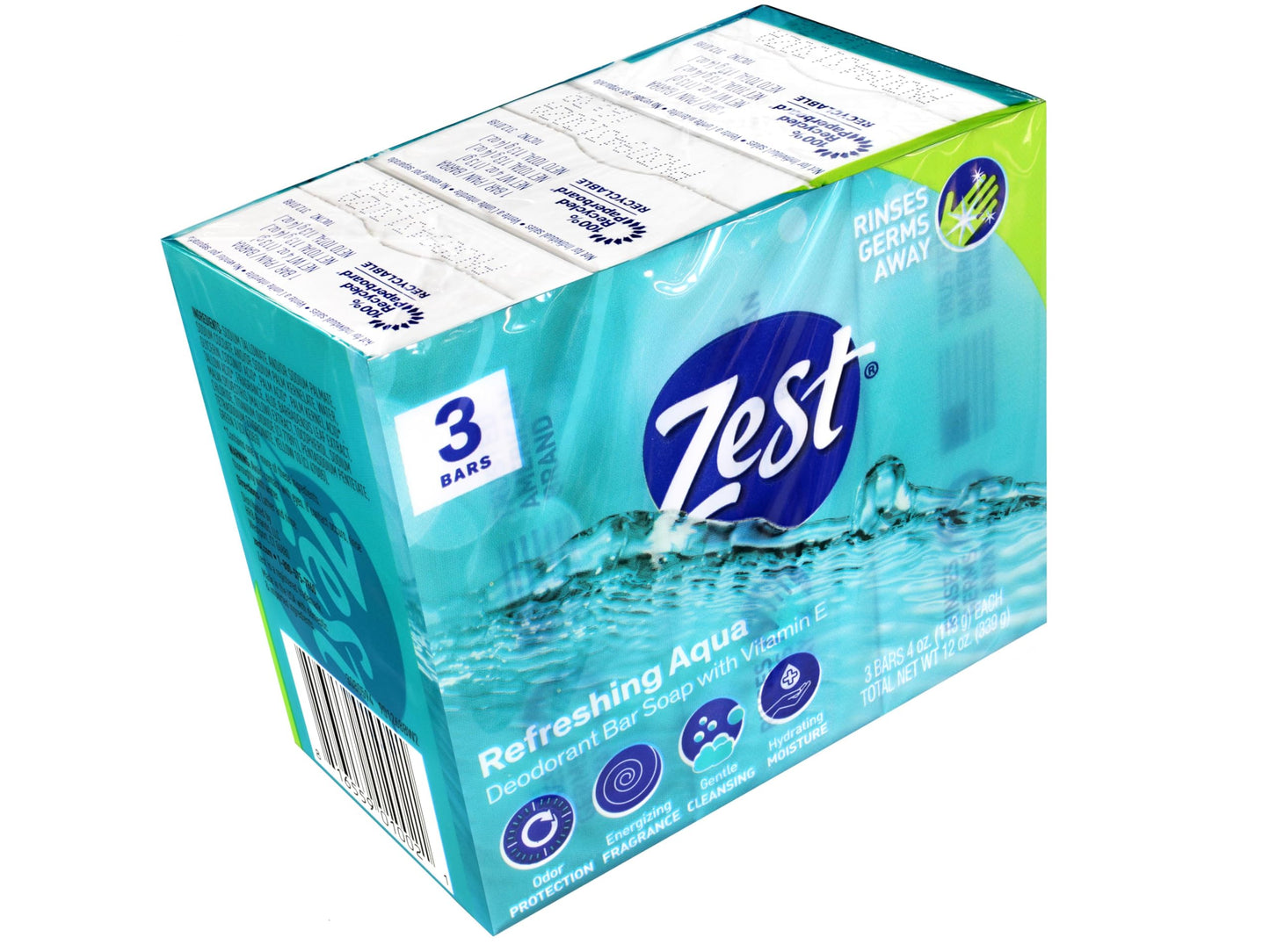 Zest Aqua Deodorant Bar Soap 3 ct (Pack of 12)