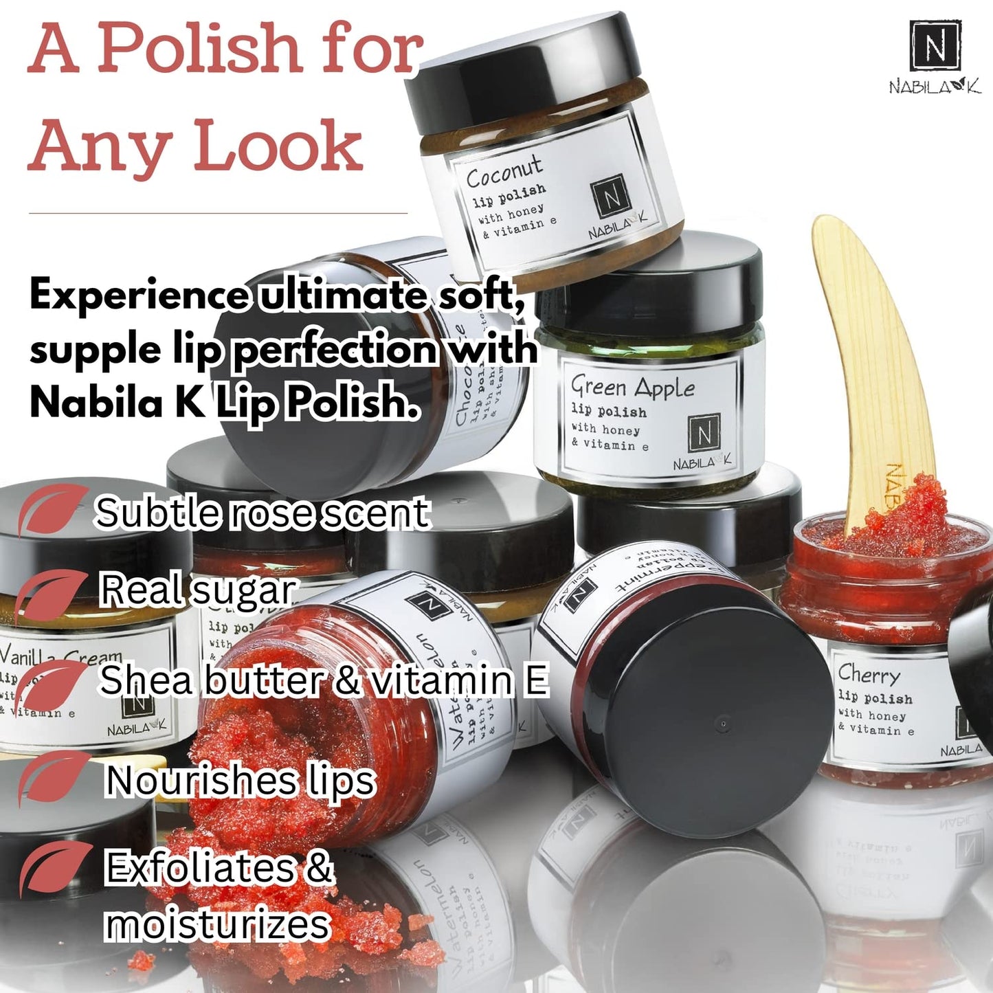 Nabila K Rose Lip Polish for Women & Men - Natural Sugar Exfoliator with Organic Rose Extract, Honey & Vitamin E, Hydrating, Cruelty-Free, Made in USA Beauty and Personal Care Nabila K