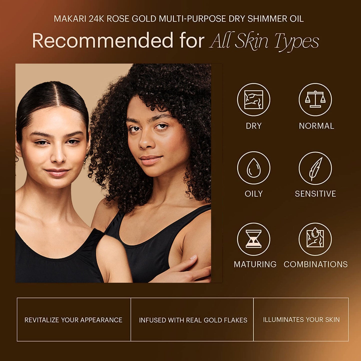 MAKARI 24K Rose Gold Multi-Purpose Dry Shimmer Oil (3.38 fl oz) | Body Shimmer Oil for Face, Hair and Body | Shimmer Body Oil with Real Gold Flakes |