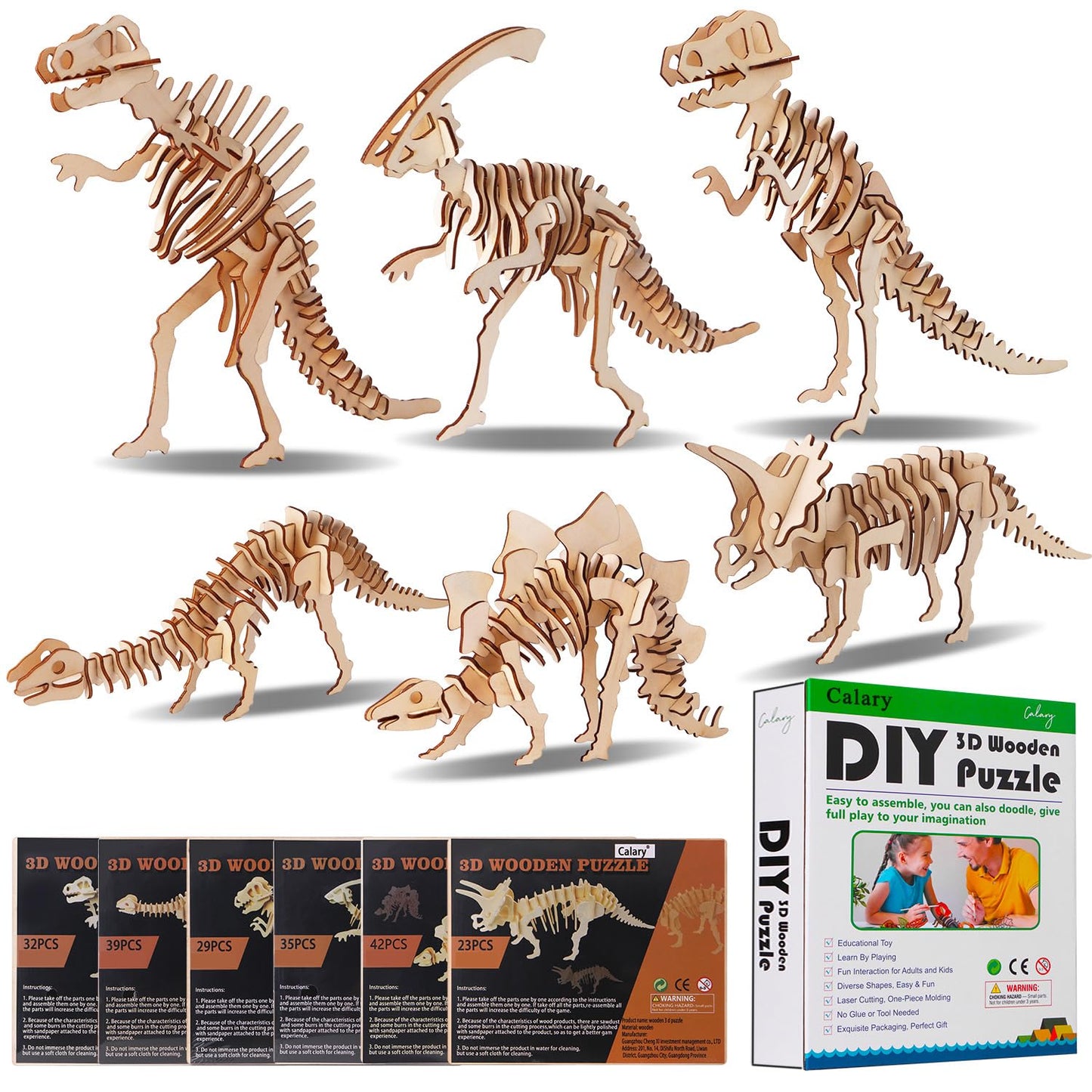 calary 3D Wooden Puzzle Simulation Animal Dinosaur Assembly DIY Model Toy for Kids and Adults,Set of 6