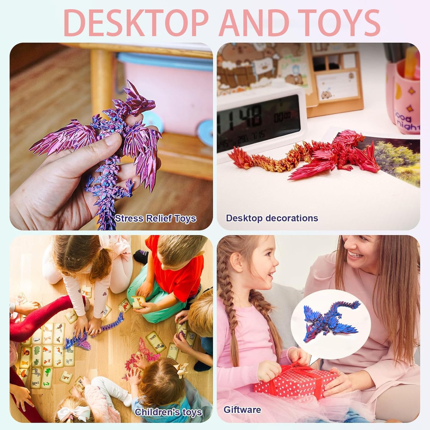 Hannahcos 3D Printed Dragon with Wings โ Articulated Purple Dragon Toy, Unique 3D Printed Animal Gift for Kids, Boys & Home or Office Desk Decor