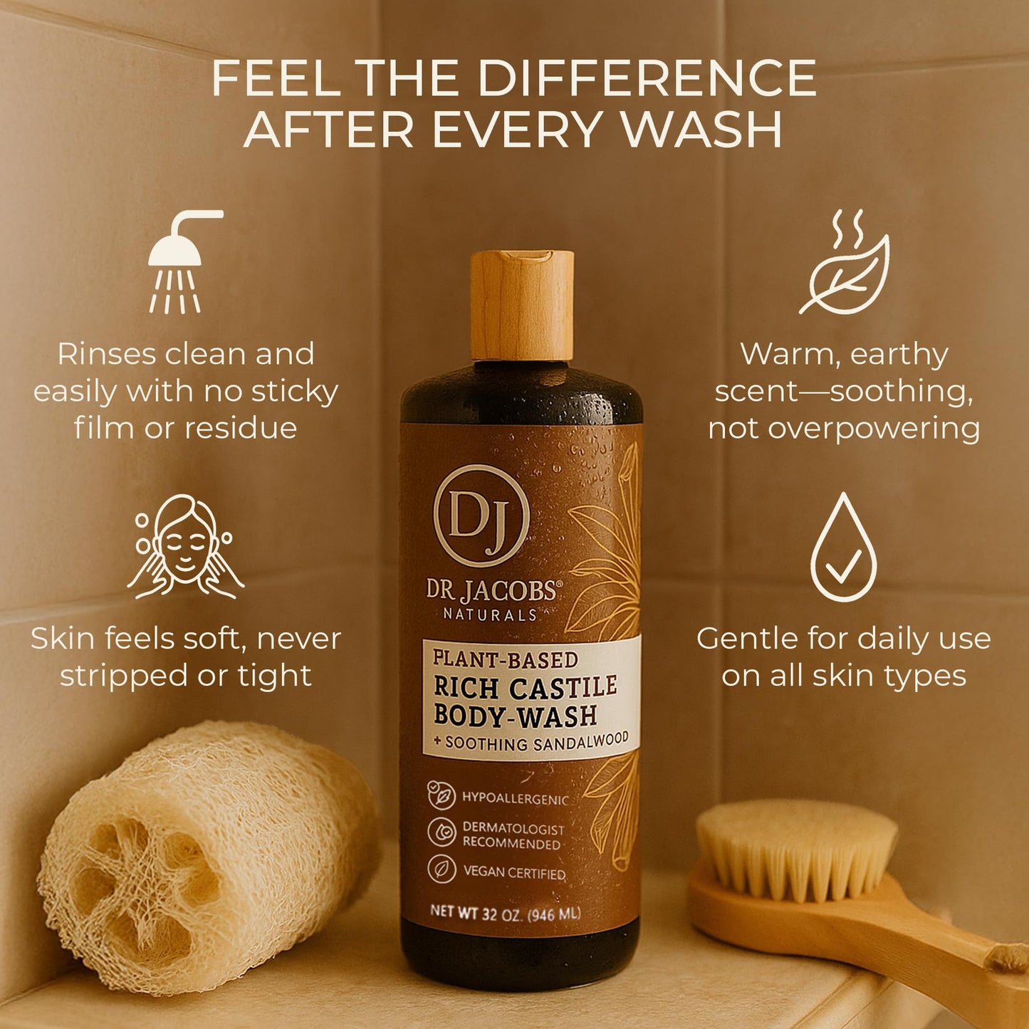 Dr. Jacobs Naturals Pure Castile Soap Liquid Body Wash, Sandalwood - Plant Based Soap Infused with Vitamin E and Aloe Vera to Moisturize Dry