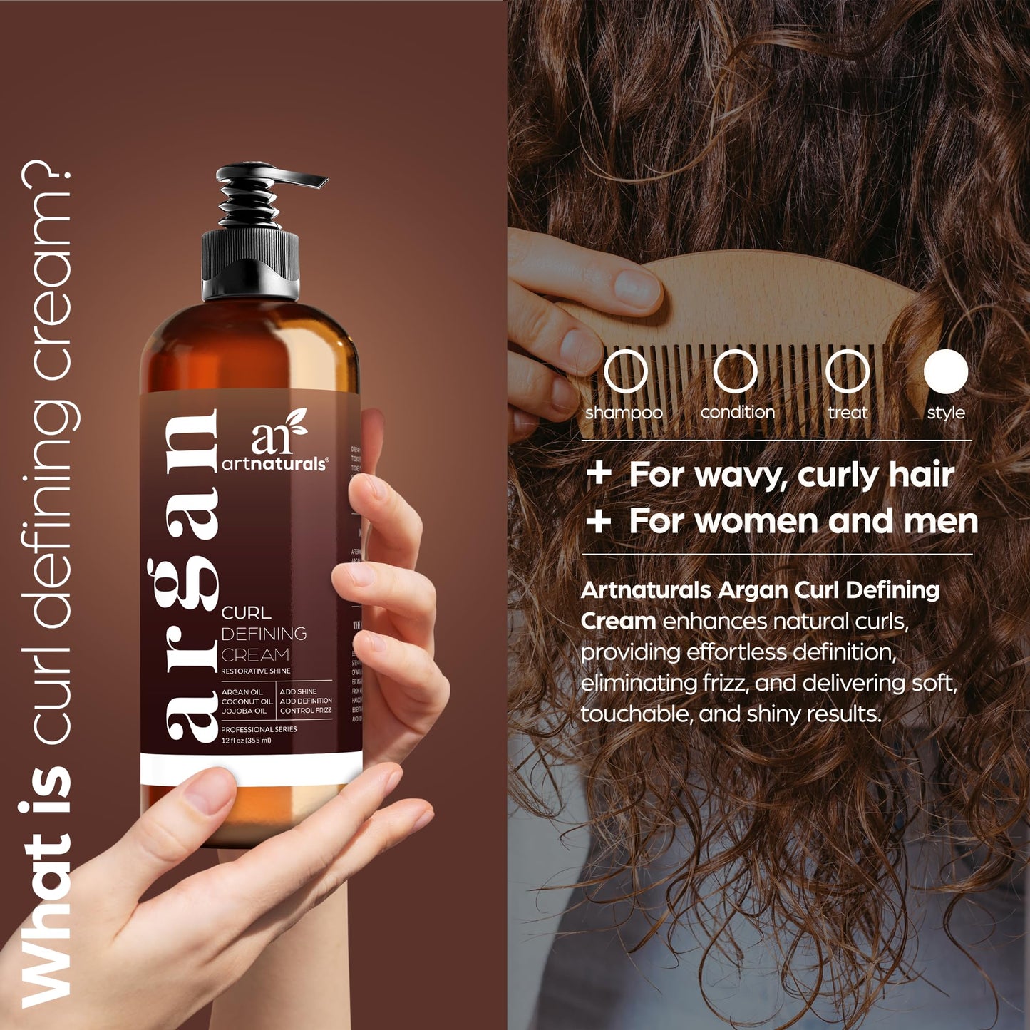 Artnaturals Curl Defining Cream-Moisturizer & Enhancer w/Almond, Jojoba & Argan Oil & Natural Frizz Control - for Wavy & Curly Hair Products - Sulfate