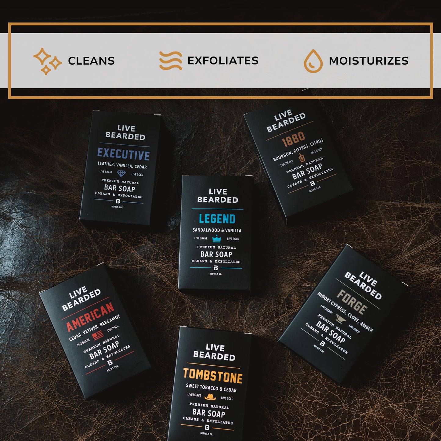 Live Bearded All-Natural Bar Soap for Men, 6-Pack of 5 oz - Made in the USA - Exfoliates and Moisturizes - Charcoal, Pumice, Shea Butter | 1880 Scent Beauty & Personal Care Live Bearded