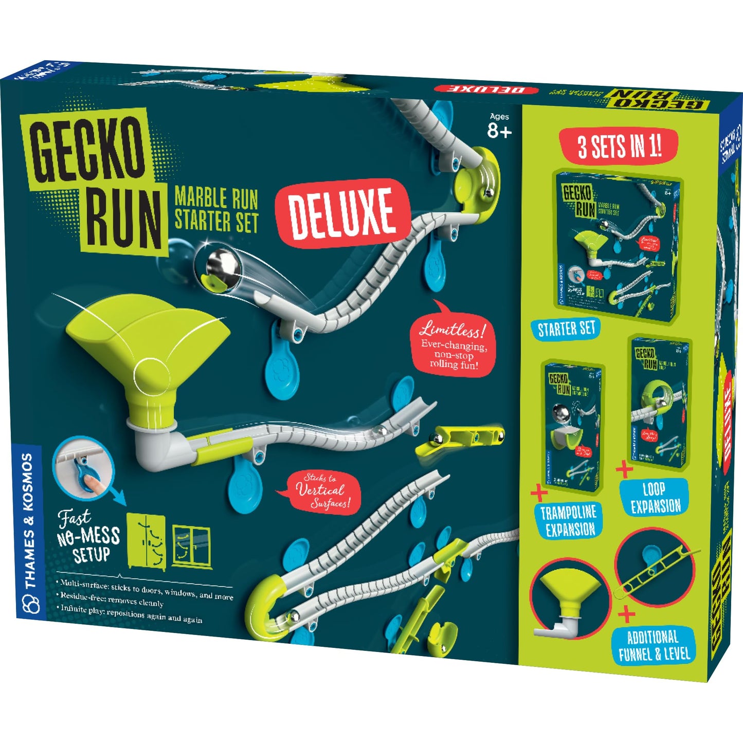 Gecko Run Marble Run Deluxe Starter Set – Vertical Tracks with Loops & Trampoline Tricks, Fast Setup with Nano-Adhesive Pads by Thames & Kosmos