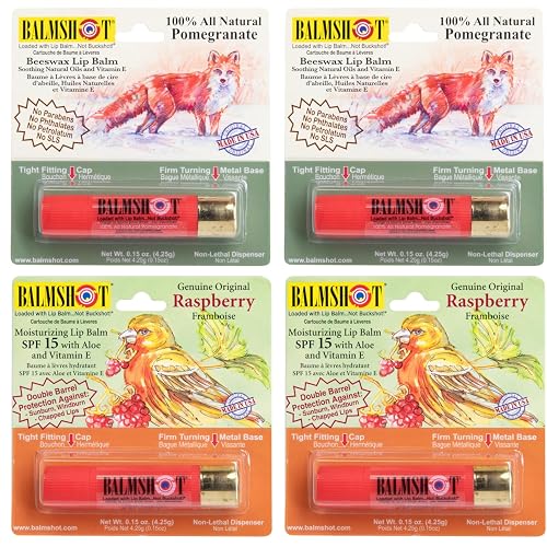 BALMSHOT Lip Balm 4-Pack - Fruit Combo Variety Pack - (2) Pomegranate & (2) Raspberry - SPF 15 Beeswax Formula - 20-Gauge Brass Shotgun Shell Tube