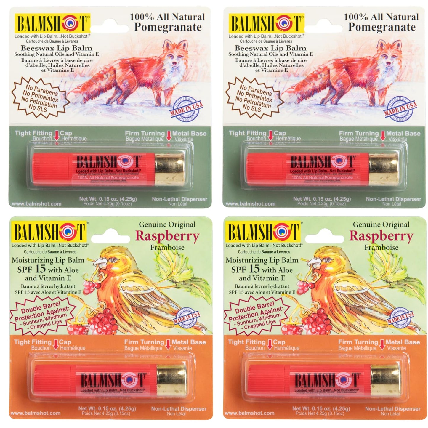 BALMSHOT Lip Balm 4-Pack - Fruit Combo Variety Pack - (2) Pomegranate & (2) Raspberry - SPF 15 Beeswax Formula - 20-Gauge Brass Shotgun Shell Tube