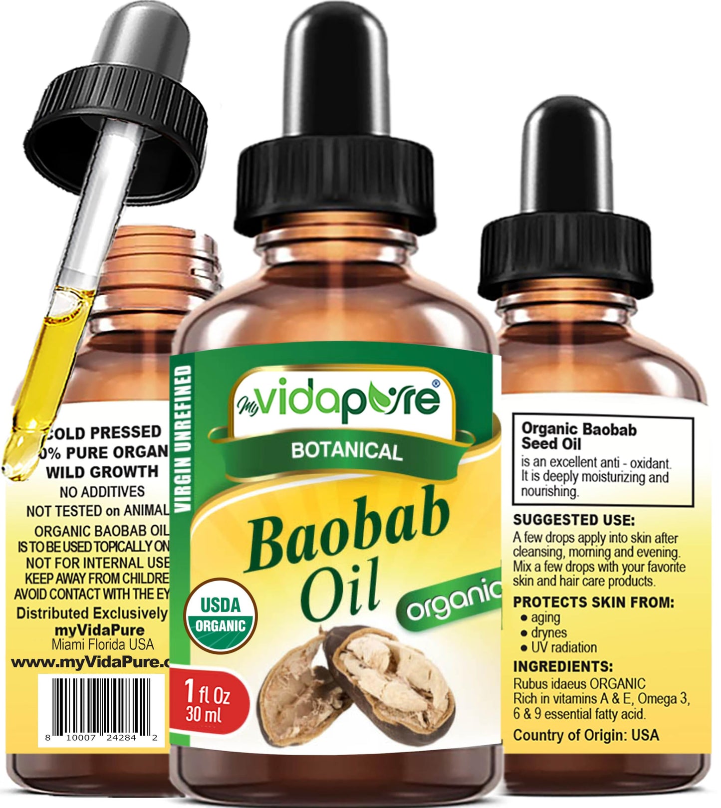 MYVIDAPURE Organic BAOBAB OIL Certified Organic 100% Natural Pure VIRGIN UNREFINED for Skin, Face, Hair, Lip and Nail Care (1 Fl Oz)