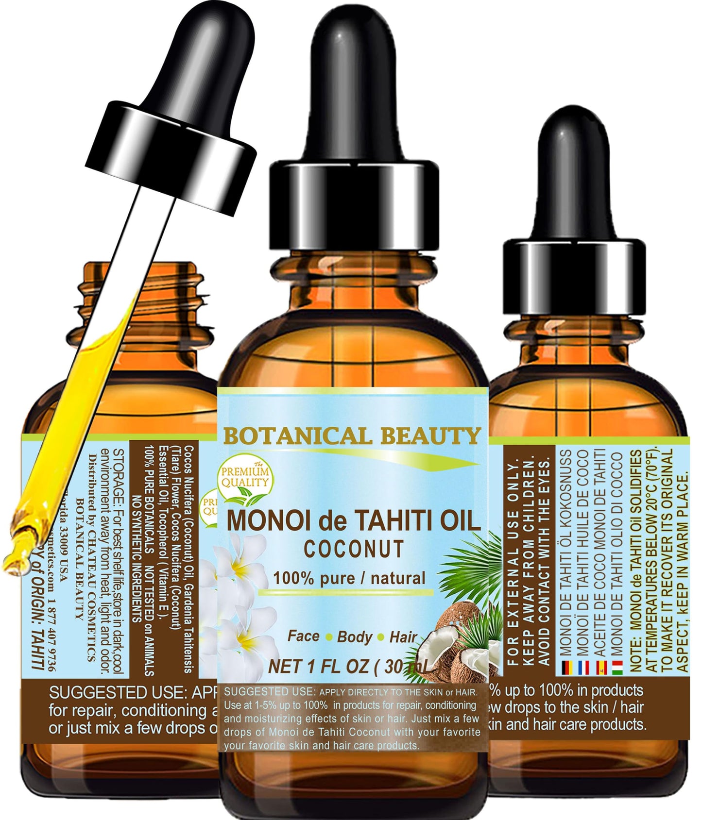 Botanical Beauty MONOI de TAHITI OIL COCONUT 100% Pure Natural Virgin Unrefined RAW 1 Fl. Oz.- 30 ml for FACE, SKIN, BODY, HAIR, NAILS