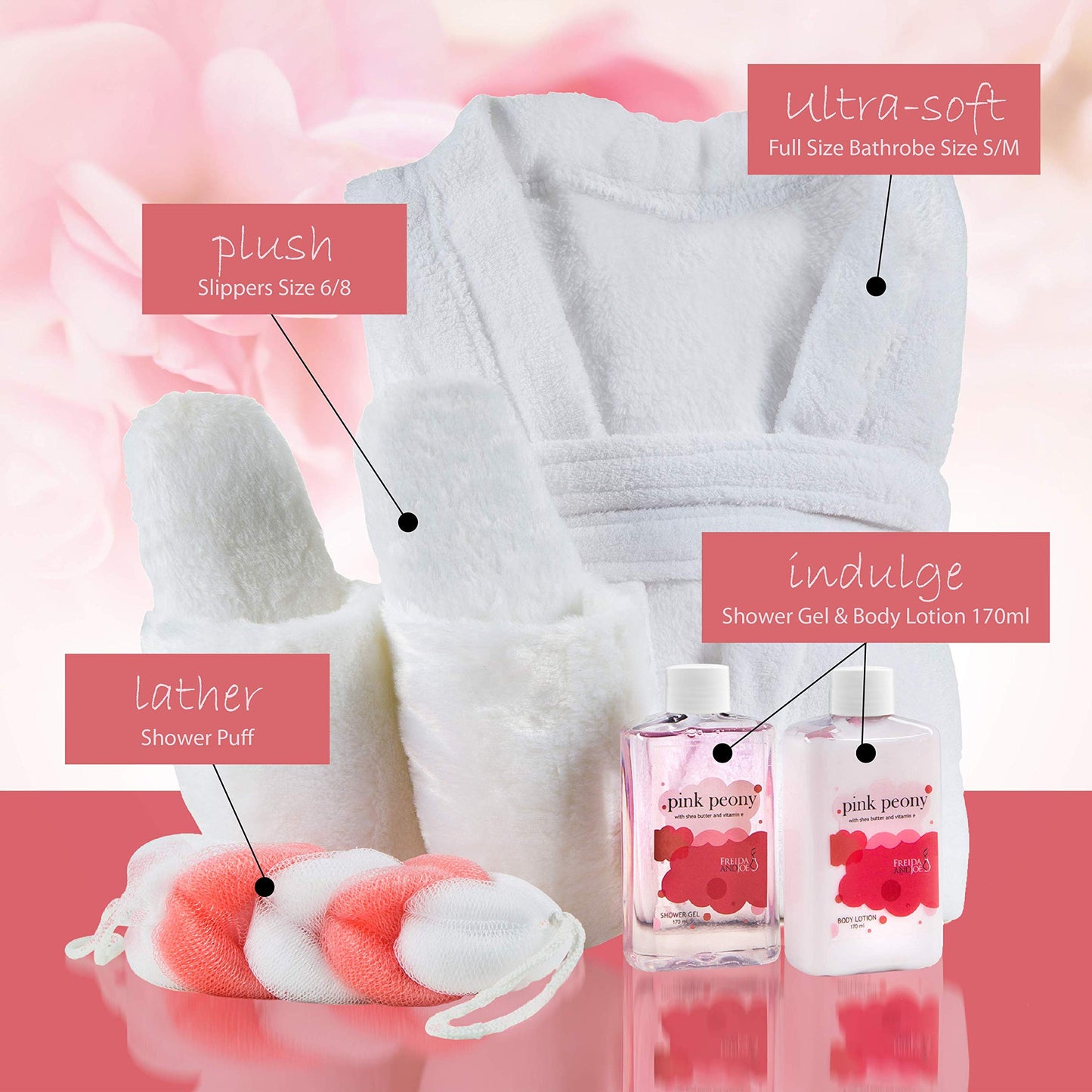 Luxury Home Spa Gift Basket with Pink Peony Scent - Indulgent Ultra Soft Bathrobe & Plush Slipper Spa Box for Women - Complete Bath & Body Set Luxury