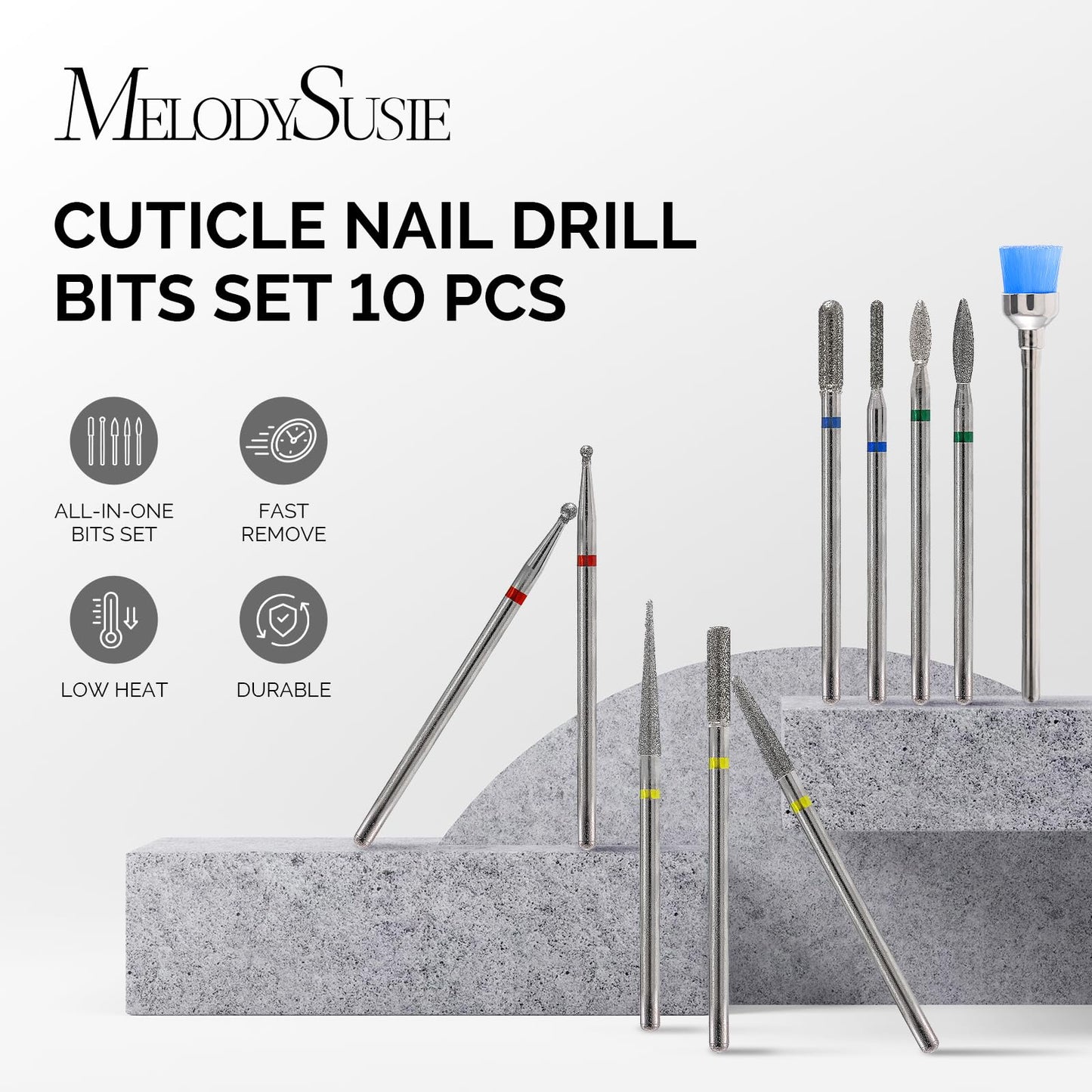 MelodySusie 10pcs Nail Drill Bits Set, 3/32 Inch Diamond Cuticle Nail Bits Kit for Nail Drill E-File, Manicure Pedicure Remover Tools for Acrylic Gel Beauty and Personal Care MelodySusie