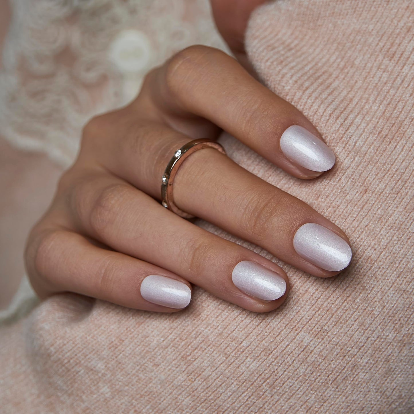 CurvLife Short Oval Press On Nails - Moonlight Pearly Shimmer Glossy White Pearl Press on Nails with Glue Natural Long Lasting Fake Nails False Nail Beauty and Personal Care CurvLife