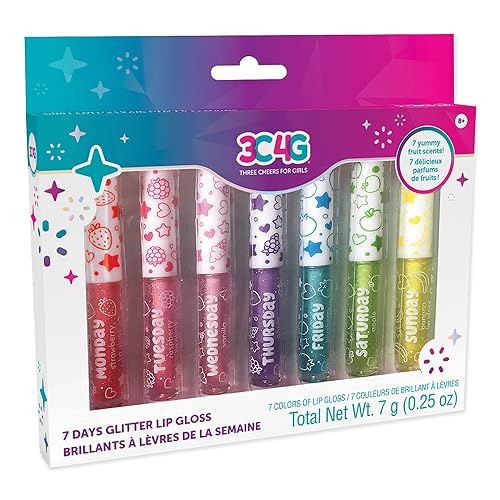 Make It Real 3C4G 7 Days Glitter Lip Gloss - Flavored Lip Gloss Set for Girls - Strawberry, Raspberry, Vanilla and More! - 7 Piece Lip Gloss Kit