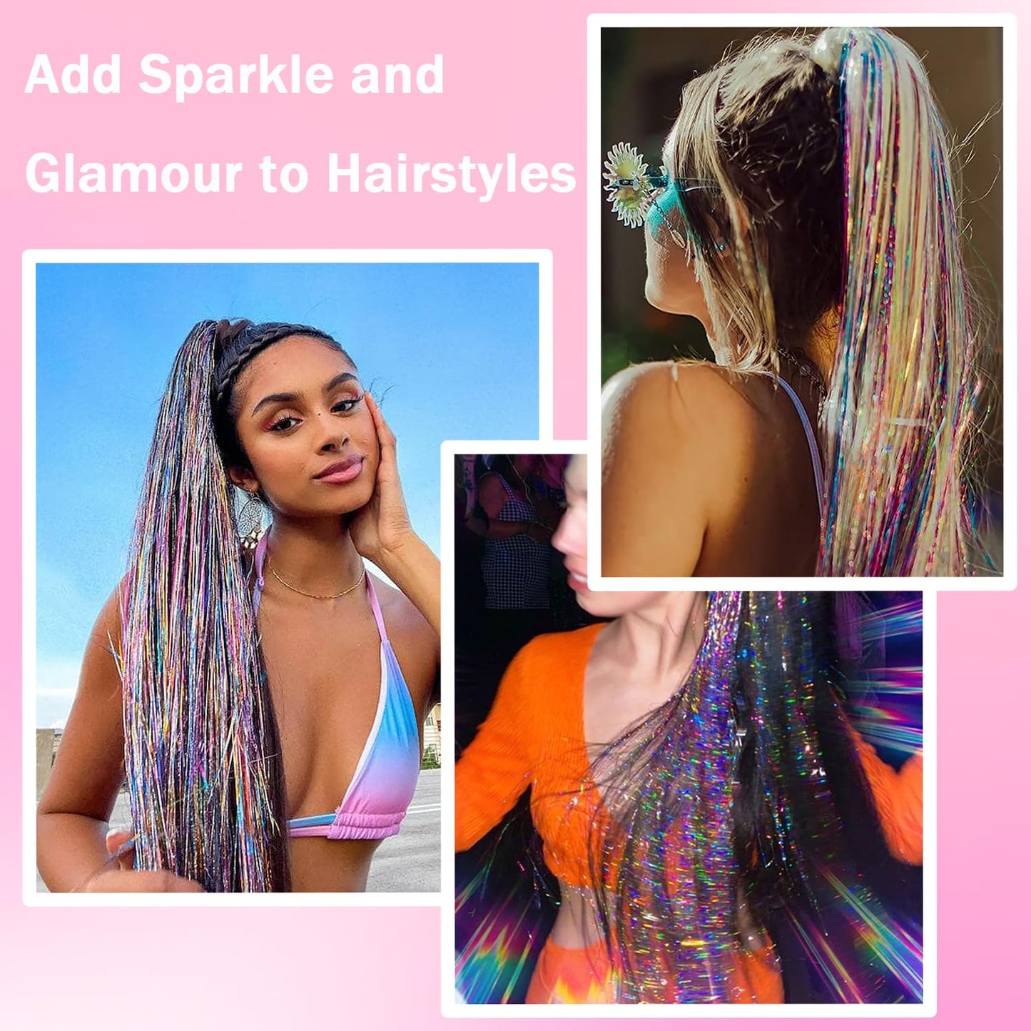 NIACONN Glitter Hair Tinsel Extensions Kit Rainbow Color with Tools and Beads, 48 Inch Sparkly Fairy Colorful Tensile Strands Shiny Hair Accessories Beauty and Personal Care NIACONN