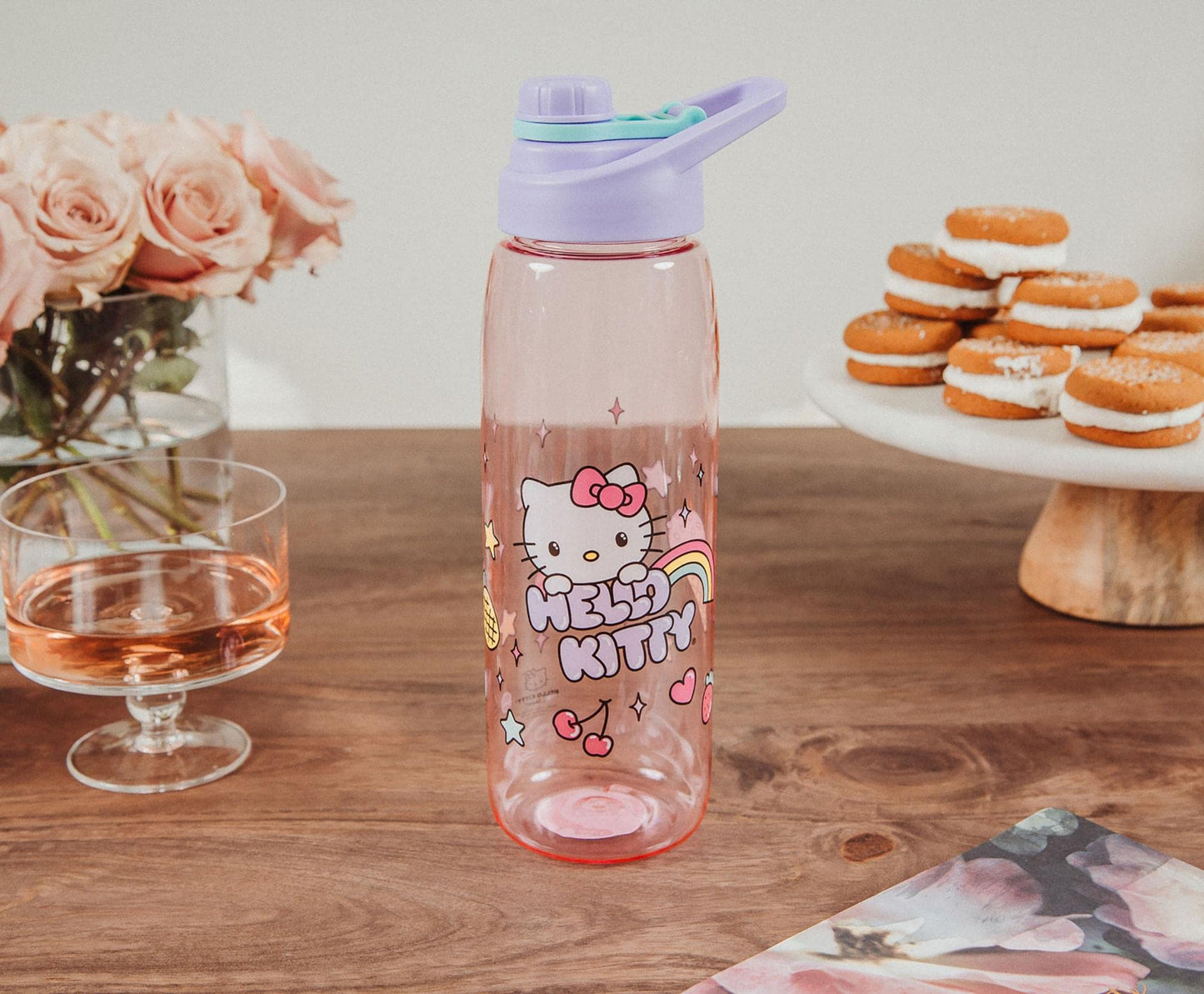 Sanrio Hello Kitty Rainbow Treats and Stars 28-Ounce Water Bottle with Lid | BPA-Free Plastic Sports Jug With Leakproof Screw-Top Lid | Hydration